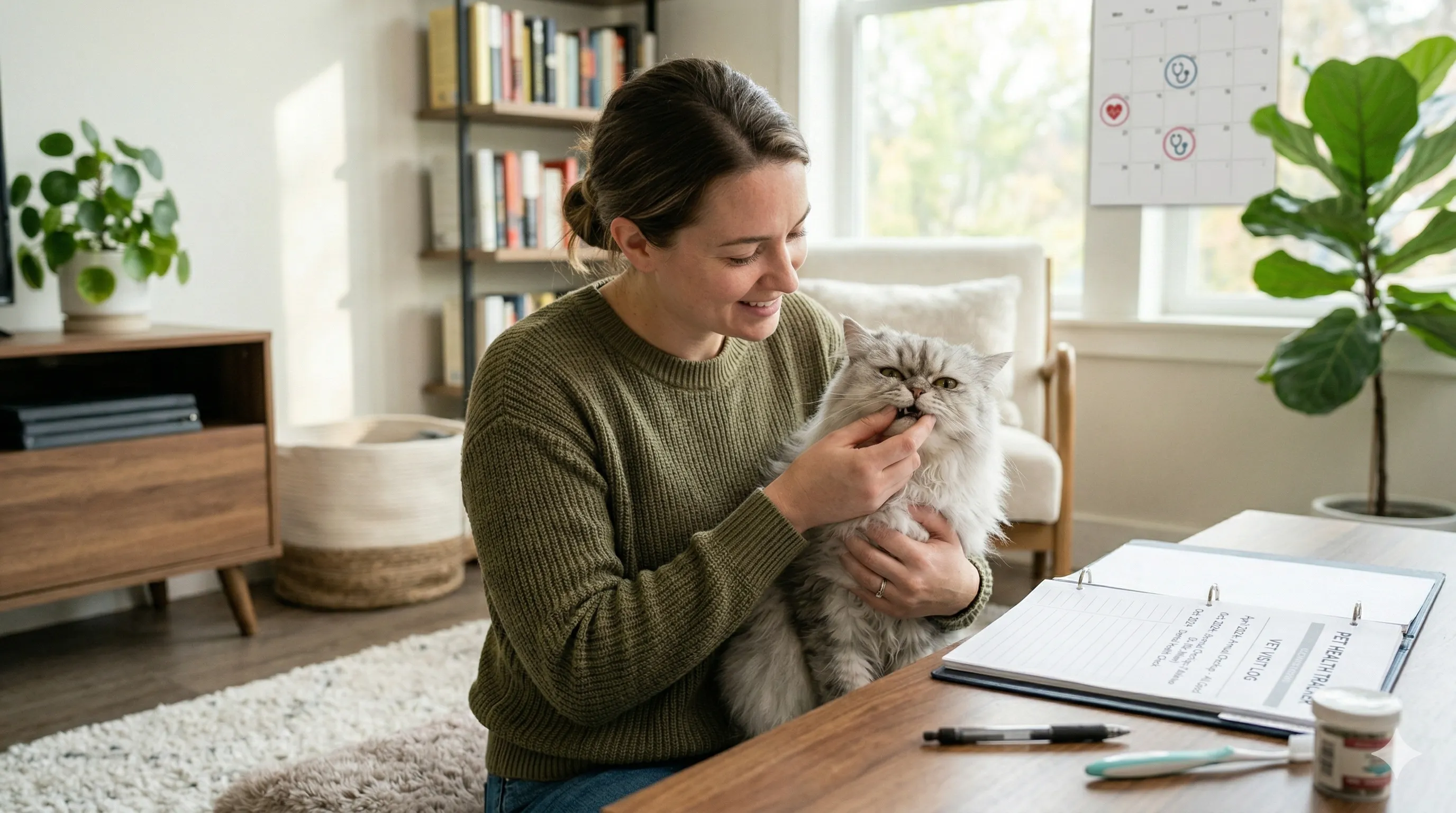 owner helping Persian Cat with how often should you take your cat to the vet