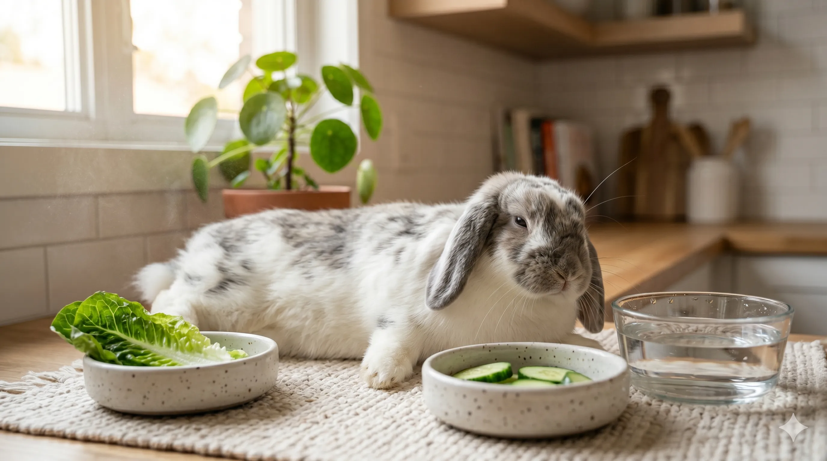hydrated-rabbit-relaxing-after-healthy-snack-image-3 Healthy hydrated rabbit relaxing comfortably after eating cucumber snack