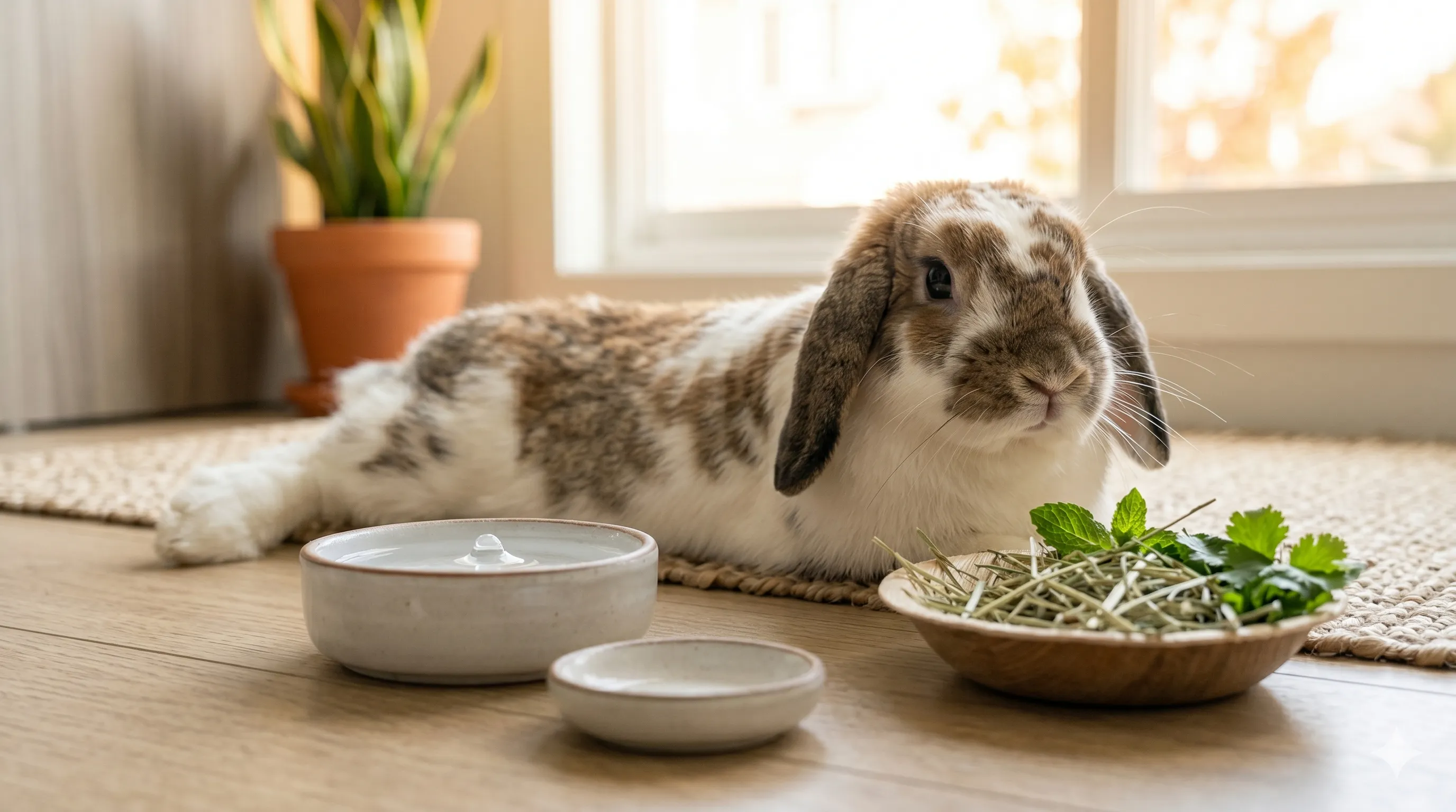 hydrated-rabbit-resting-after-watermelon-snack-image-3 Healthy hydrated rabbit relaxing comfortably after eating refreshing watermelon snack