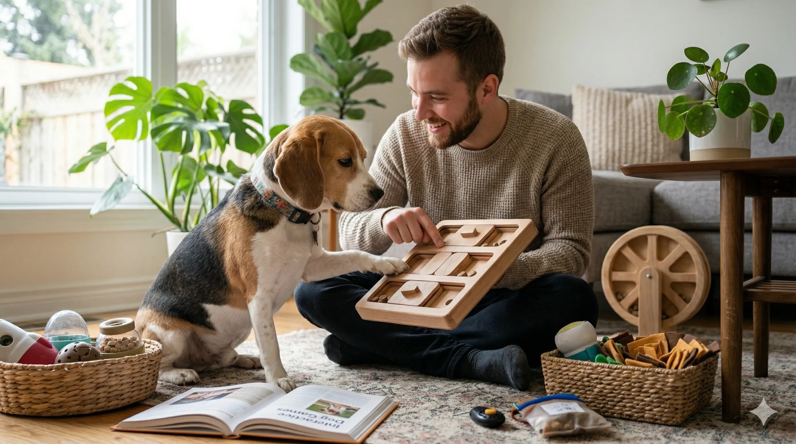 owner helping Beagle with best indoor activities for bored dogs