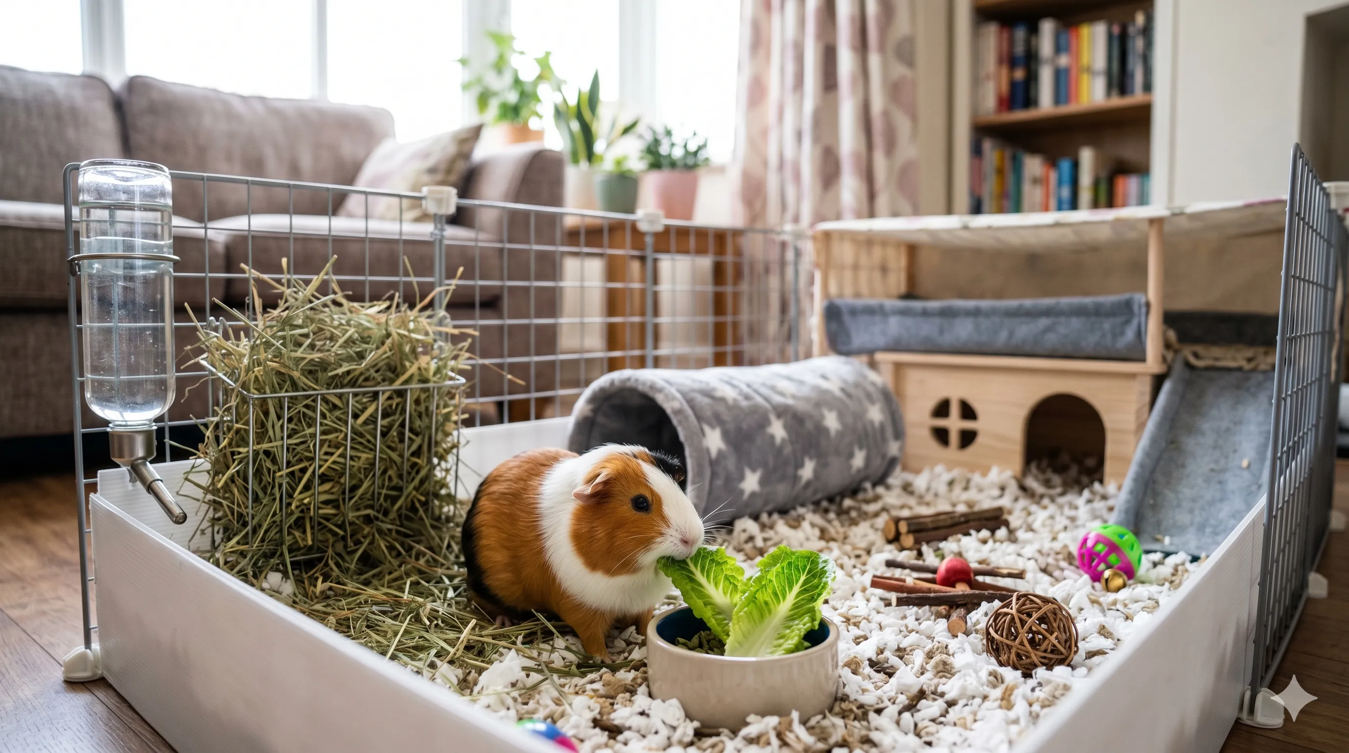 Happy guinea pig living in a safe indoor habitat with all essential care items