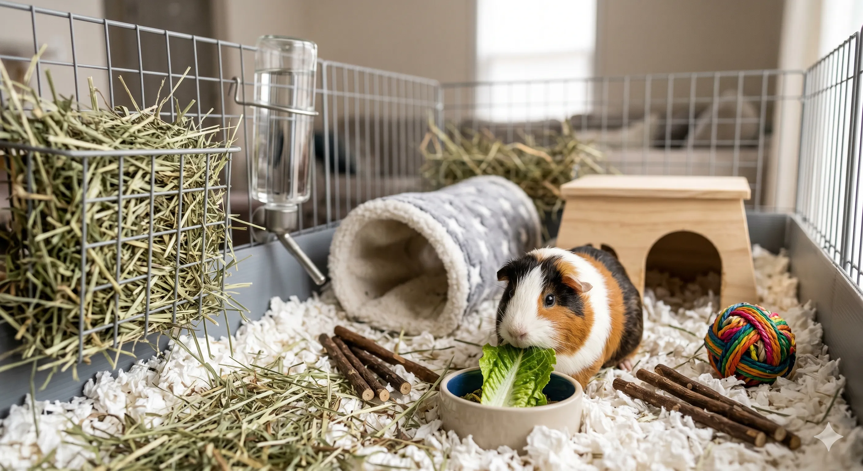 indoor-habitat-setup-closeup Close-up of indoor guinea pig enclosure with bedding hay hideout and water bottle