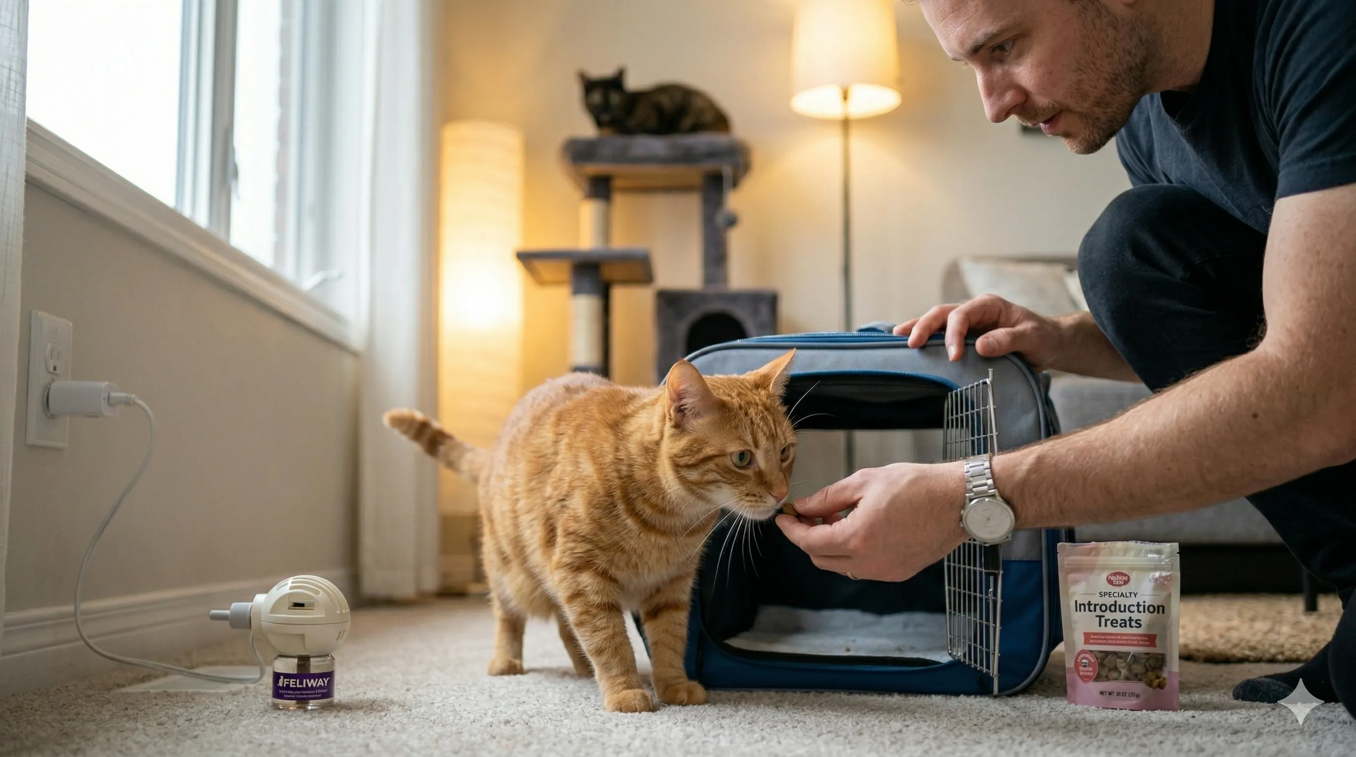 owner helping Orange Tabby Cat with how to introduce a new cat to your home