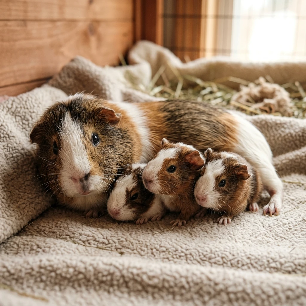newborn-guinea-pig-pups-with-mother.webp Newly born fully furred guinea pig pups resting beside their mother