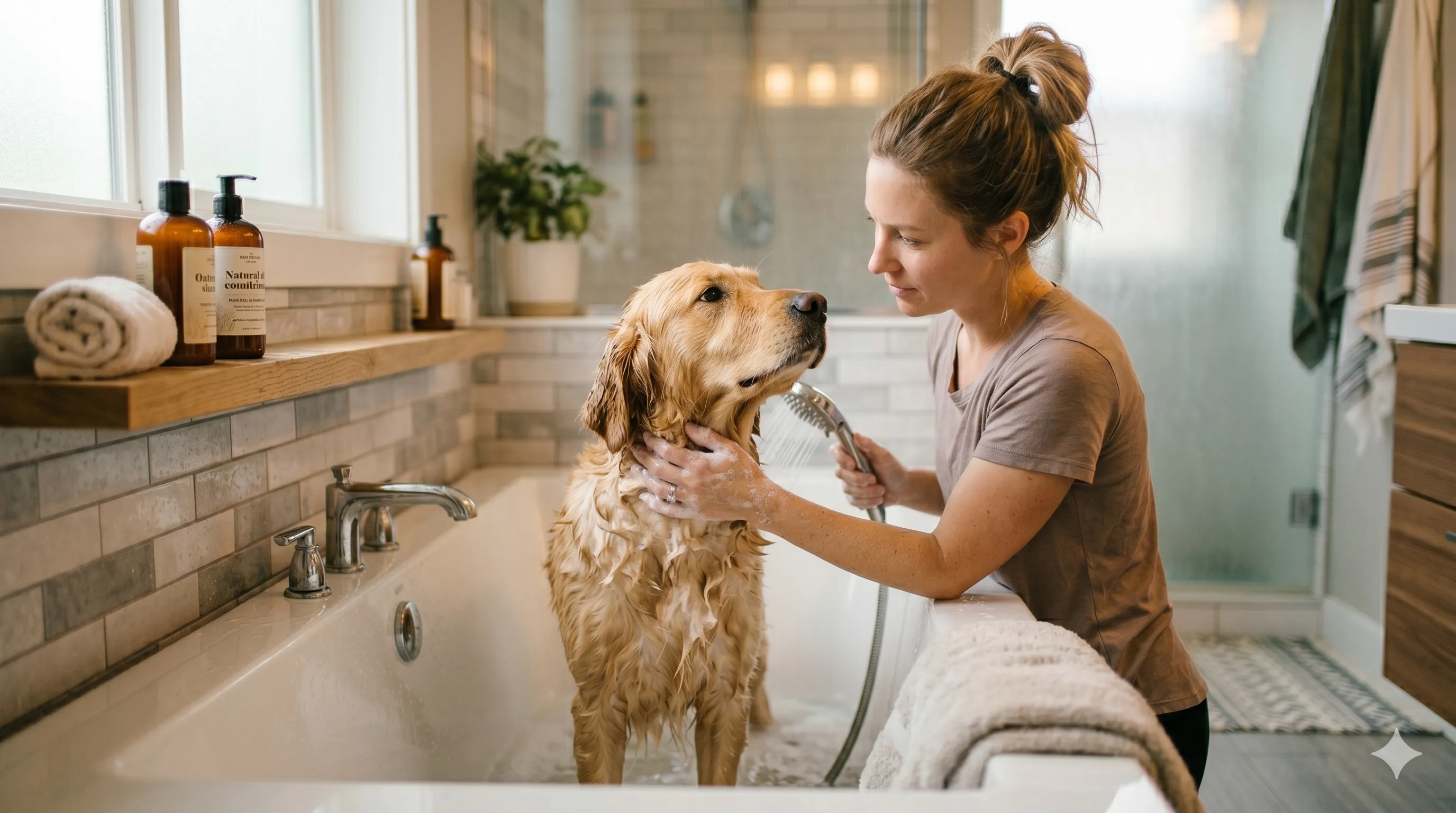 Pet owner bathing dog using proper grooming technique at home