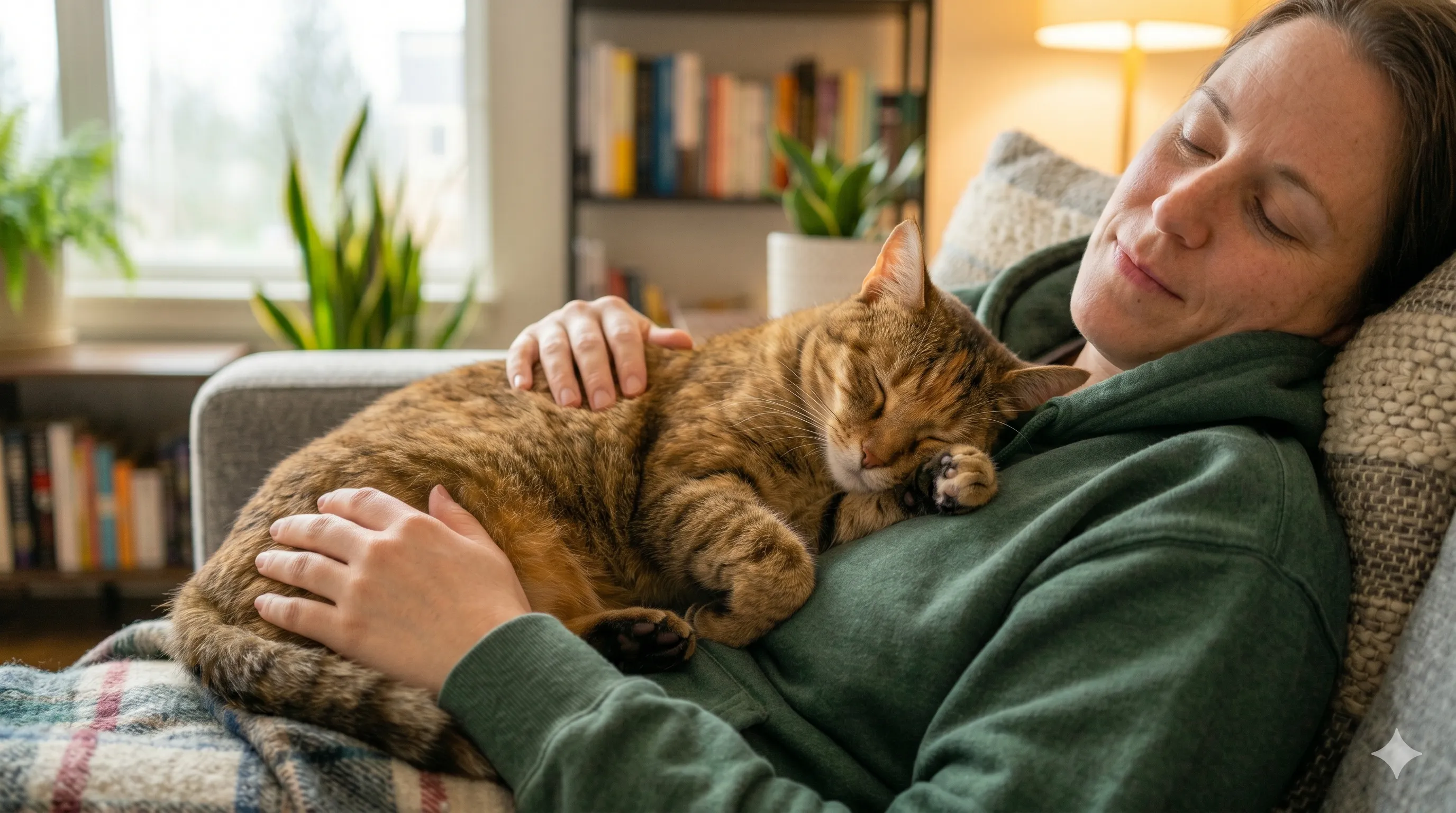 Pet owner bonding with cat while it sleeps on them comfortably