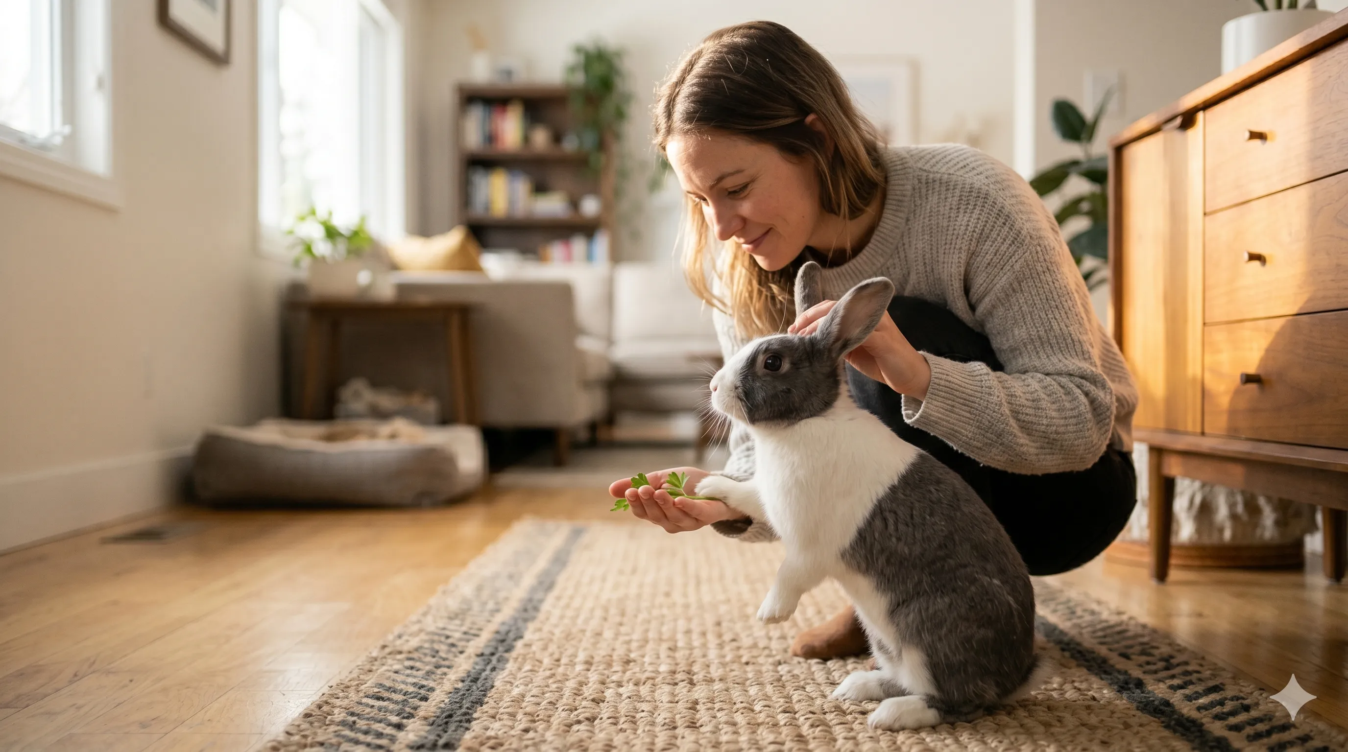 owner-bonding-with-following-rabbit-image-2 Pet owner interacting and bonding with rabbit that follows them indoors
