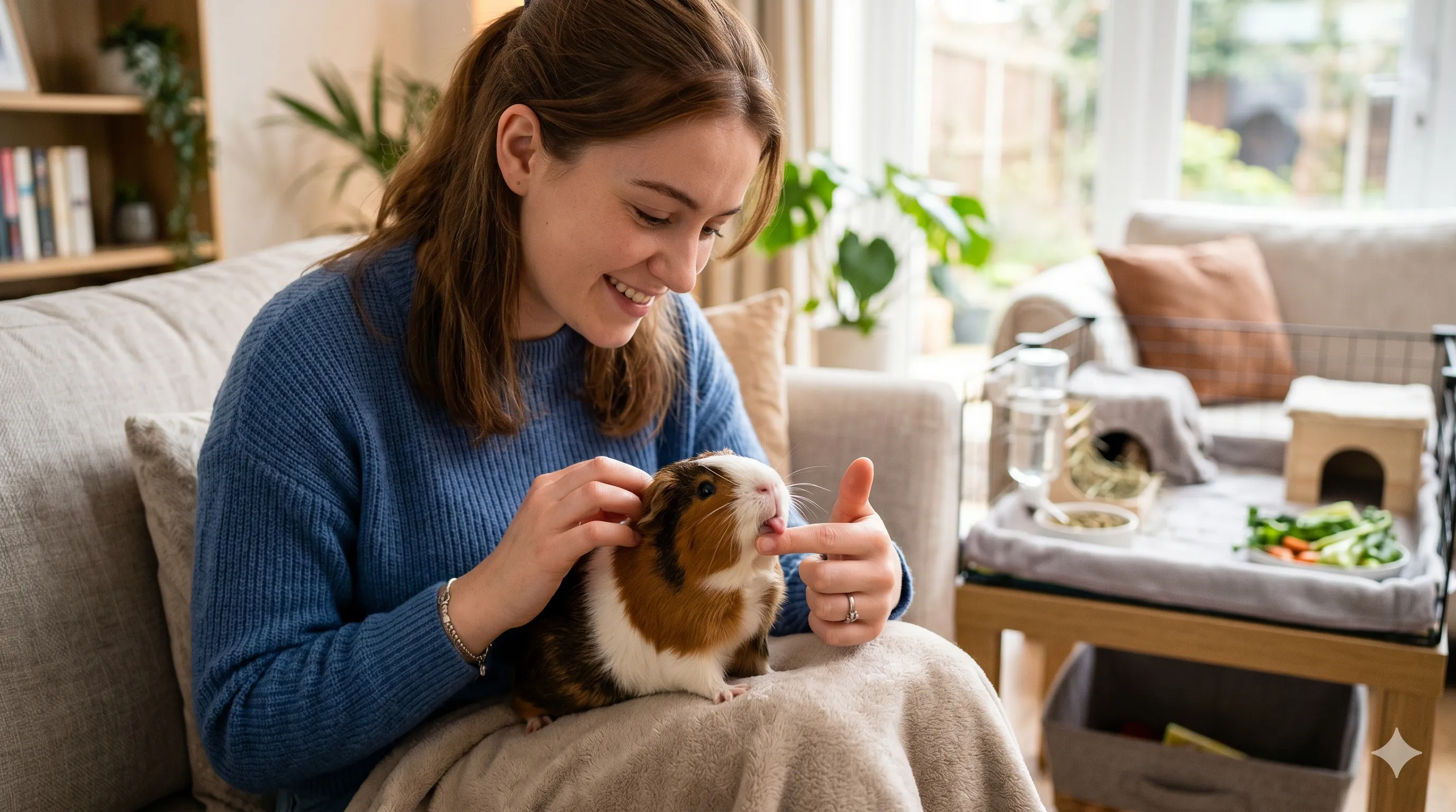 owner-bonding-with-licking-guinea-pig-image-2 Pet owner bonding with guinea pig during licking interaction indoors