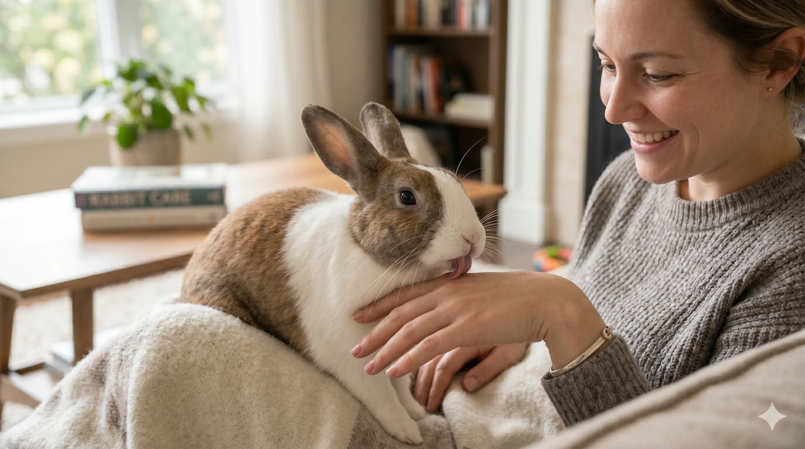 owner-bonding-with-licking-rabbit-image-2 Pet owner bonding with rabbit during affectionate licking behavior