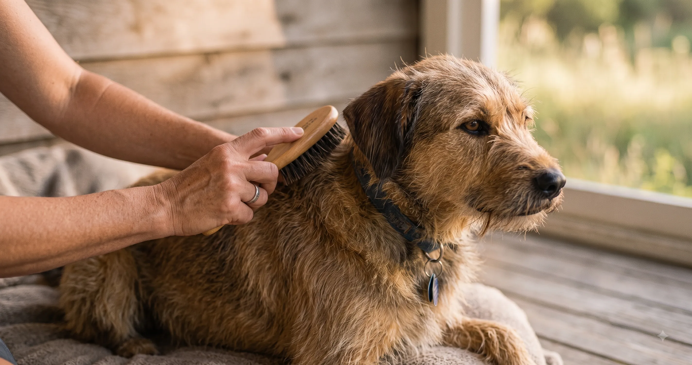 owner-brushing-dog-coat-check-image-3 Owner brushing a dog and checking its coat for fleas as part of a prevention routine