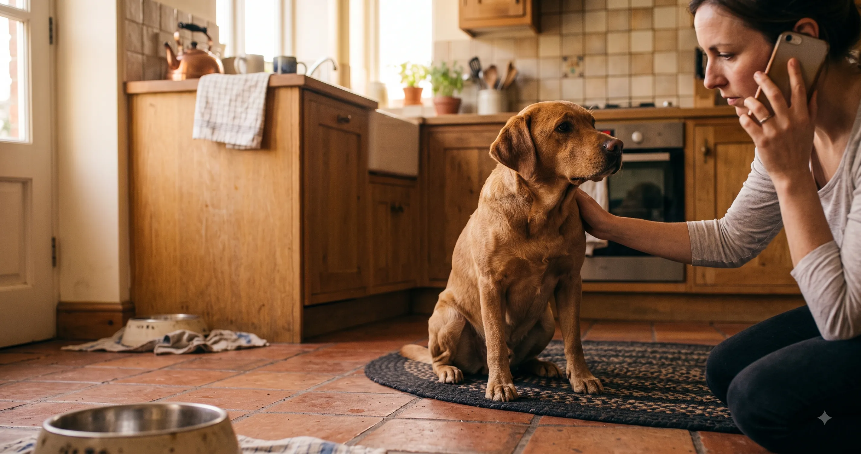 owner-calling-vet-with-dog-image-2 Owner on the phone with a vet or poison control while checking on their dog