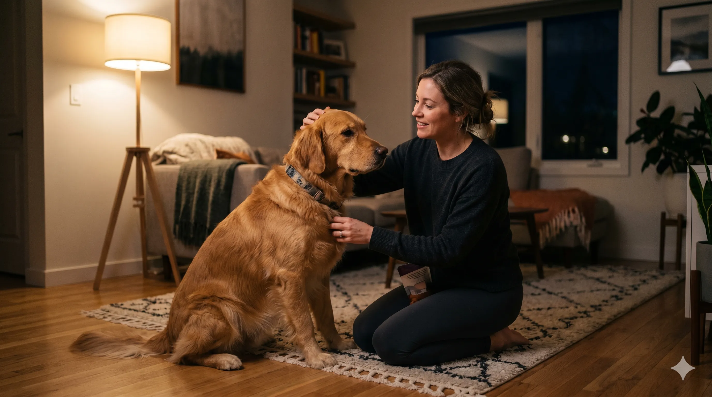 Pet owner calming dog during nighttime barking behavior at home