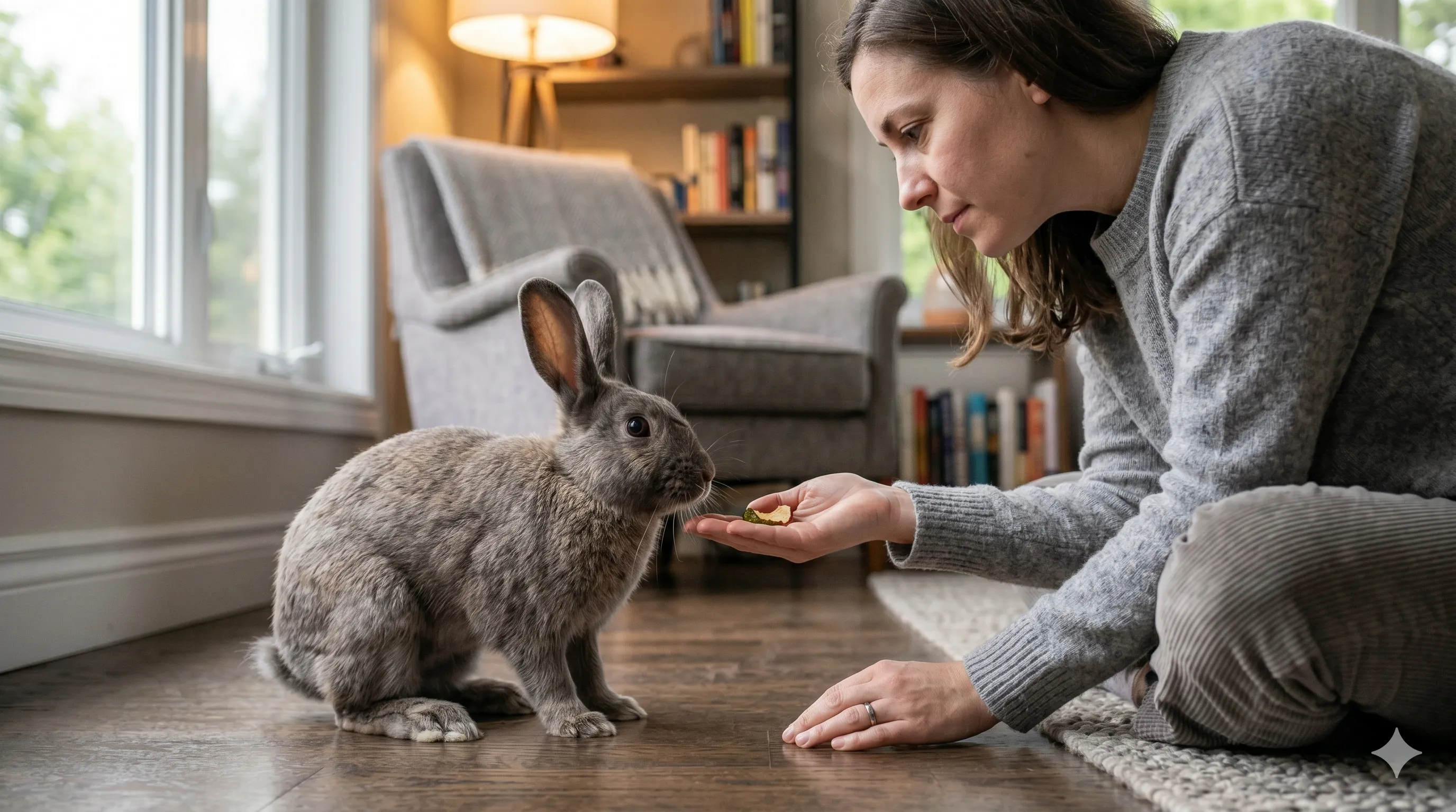 owner-calming-thumping-rabbit-image-2 Pet owner calmly interacting with rabbit showing thumping or warning behavior
