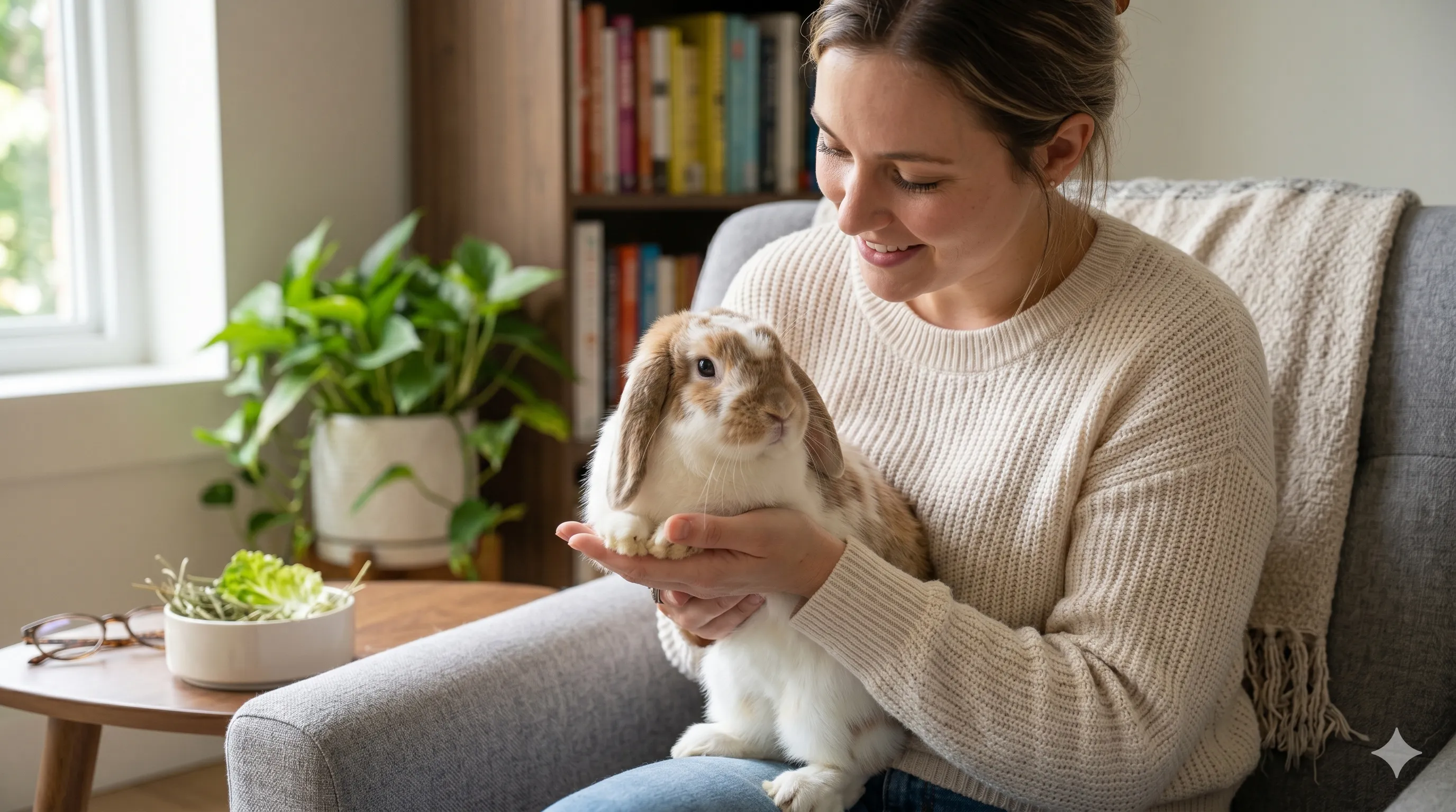 Pet owner gently caring for a beginner-friendly rabbit in a cozy home setting
