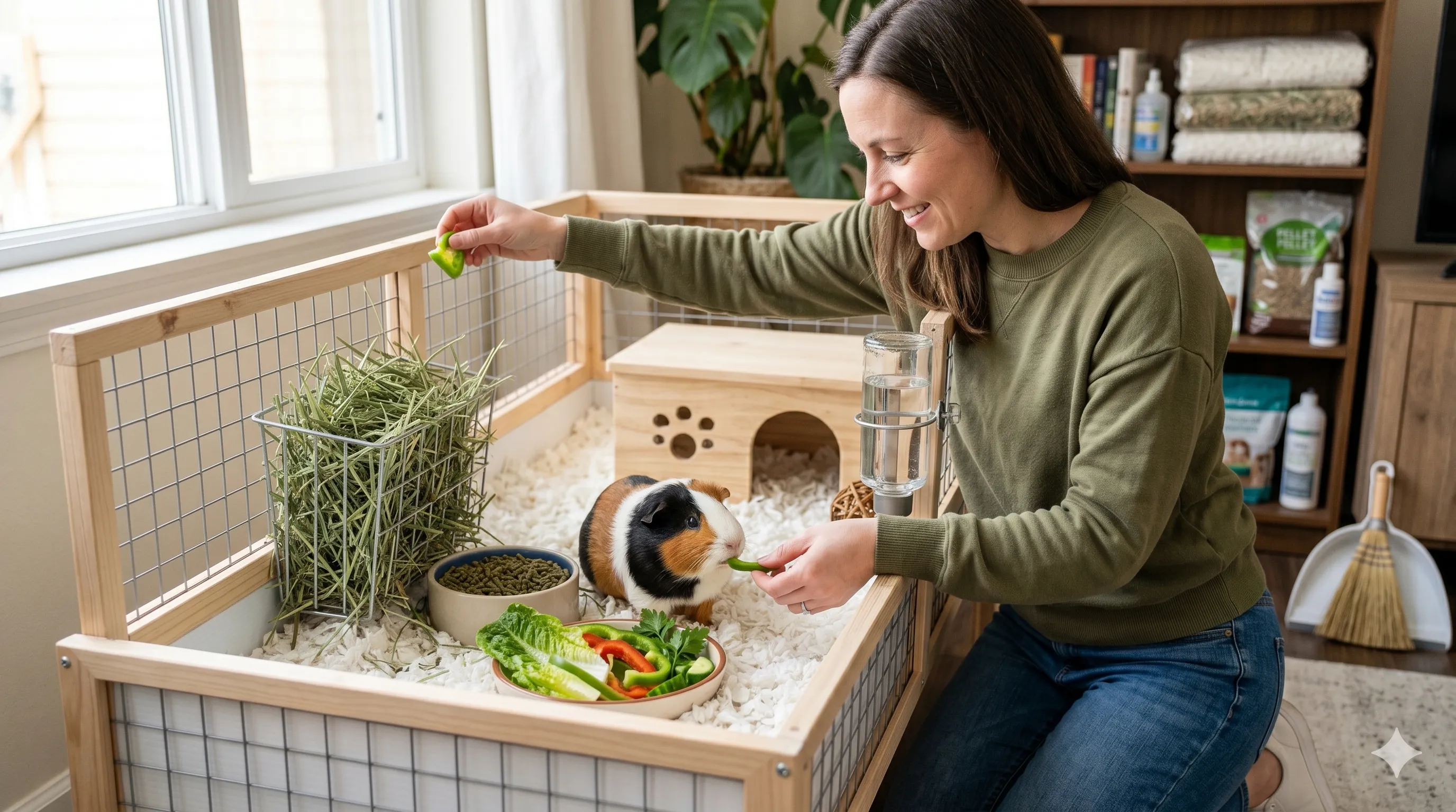 Pet owner feeding and caring for guinea pig in a clean indoor environment