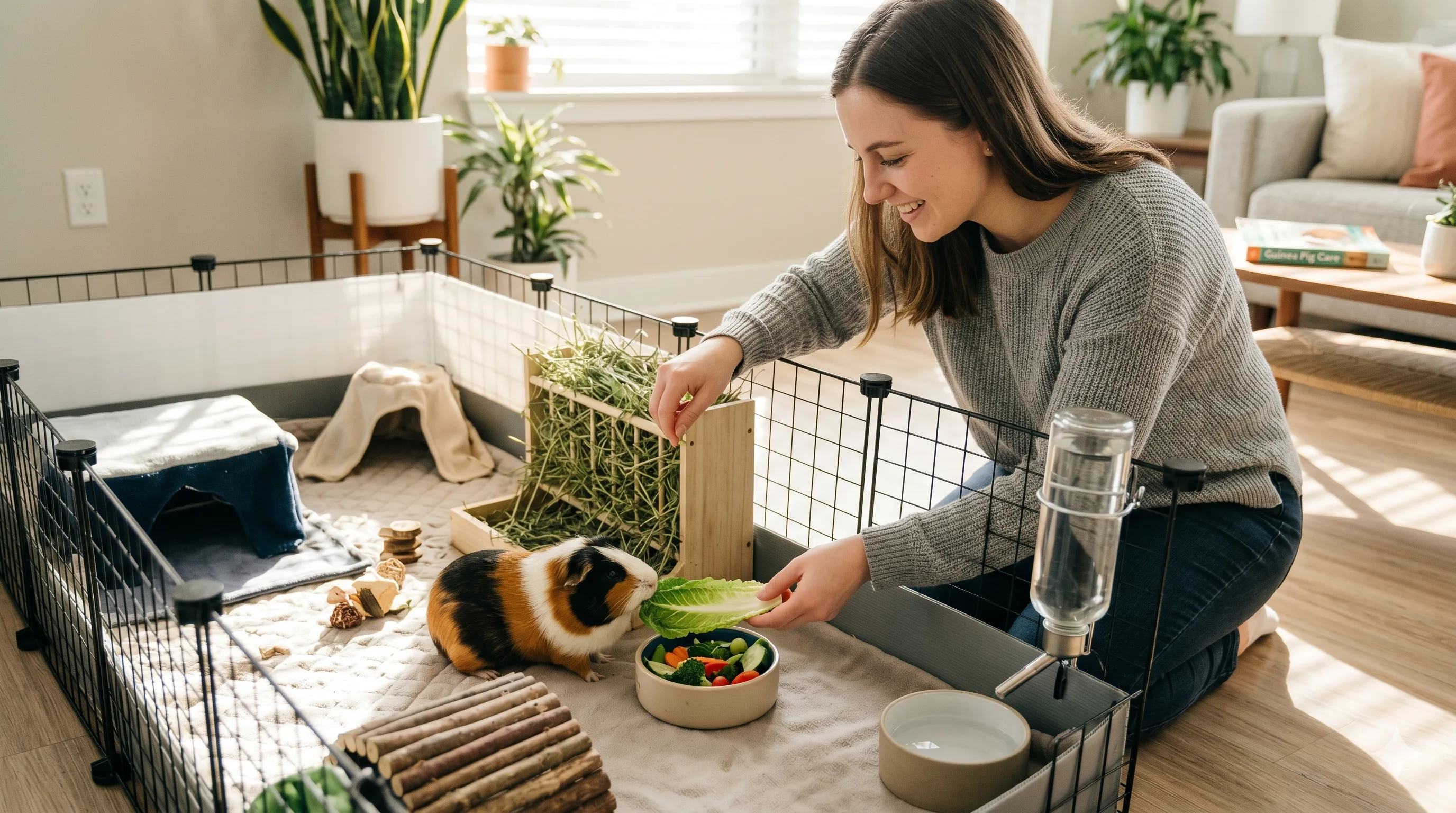 owner-caring-for-guinea-pig-indoors First-time owner caring for guinea pig indoors with proper feeding and habitat setup
