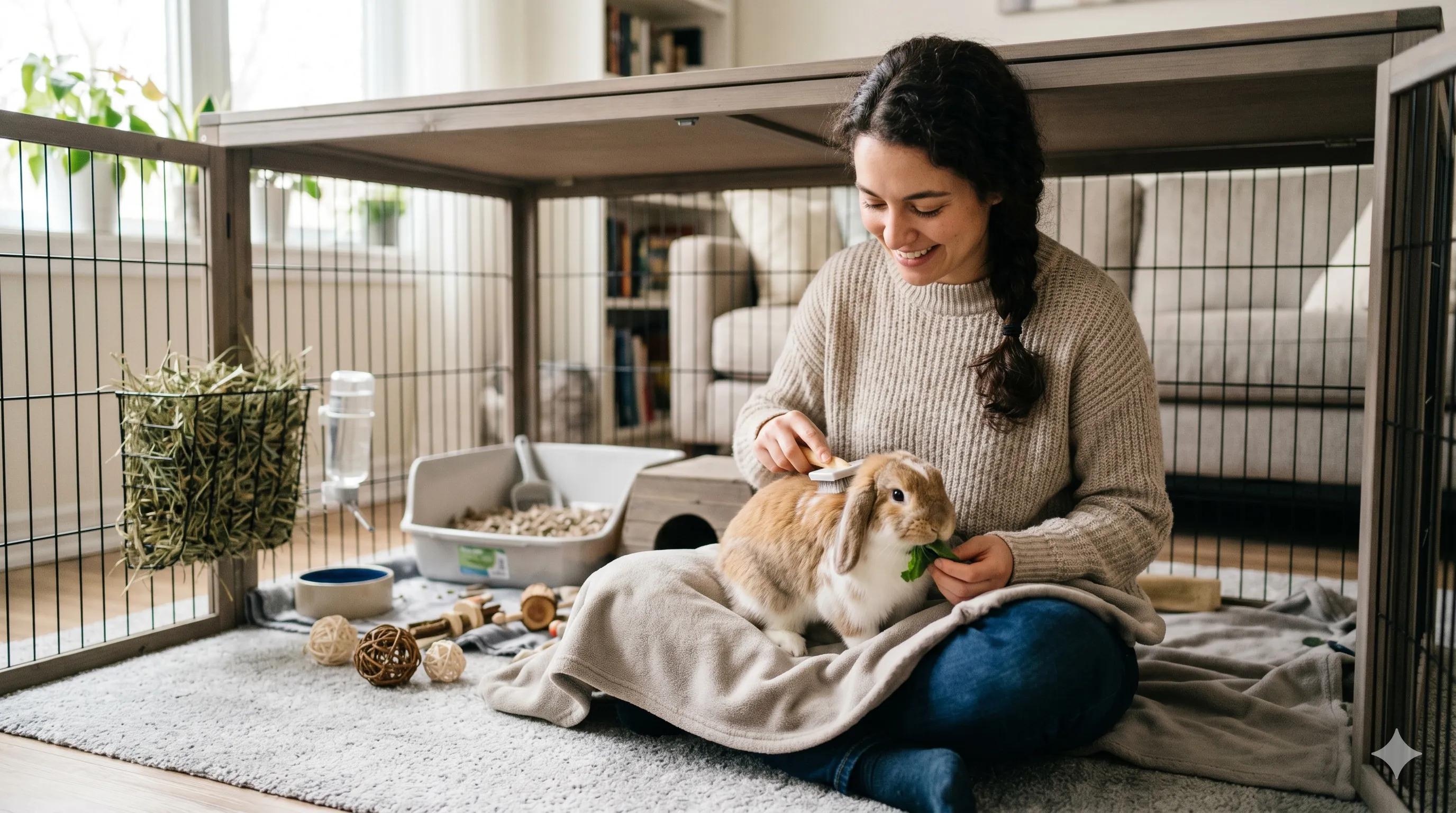 owner-caring-for-pet-rabbit-at-home-image-2 Pet owner caring for rabbit with feeding grooming and bonding interaction indoors