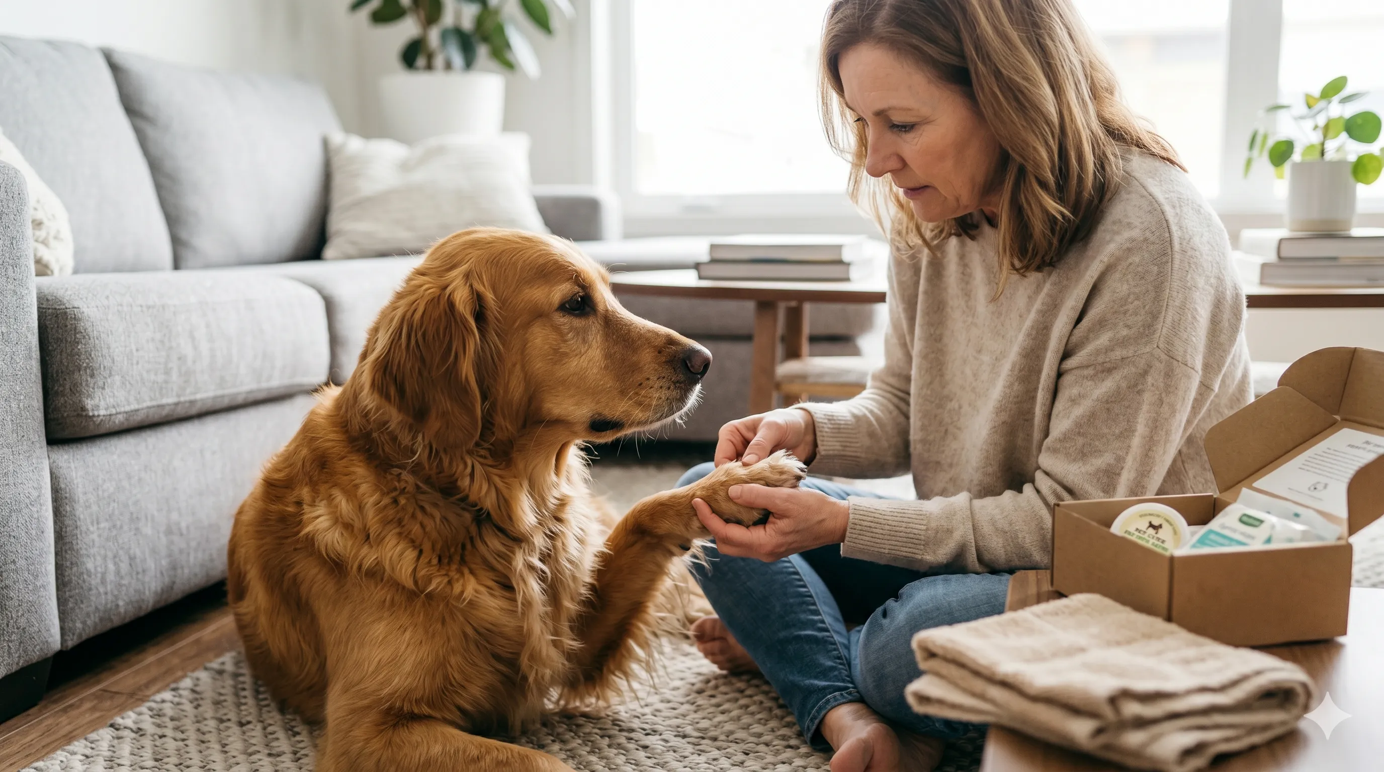 Pet owner checking dog's paws for irritation or health issues