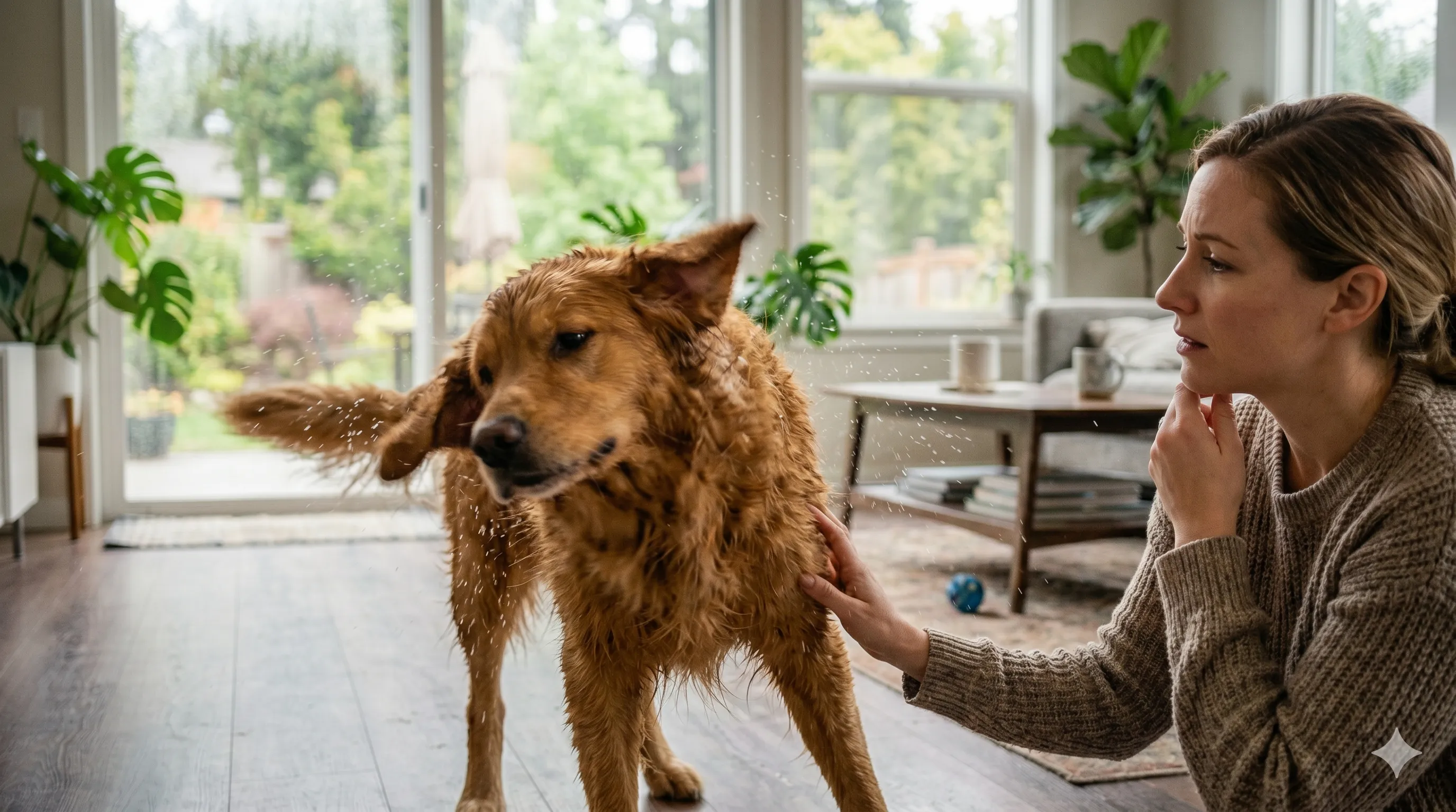 Pet owner checking dog that is shaking to understand behavior or health