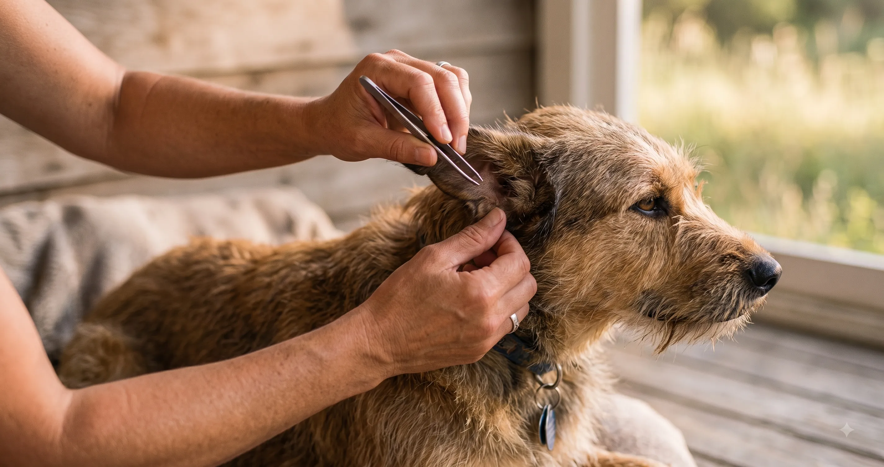owner-checking-dog-tick-removal-image-2 Owner using tweezers to safely check and remove a tick from a dog
