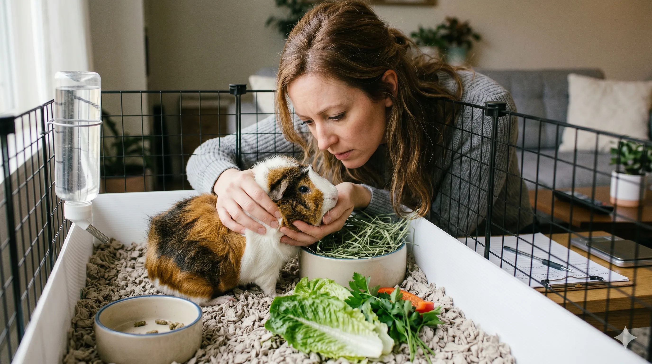 Pet owner checking guinea pig appetite and possible illness symptoms indoors