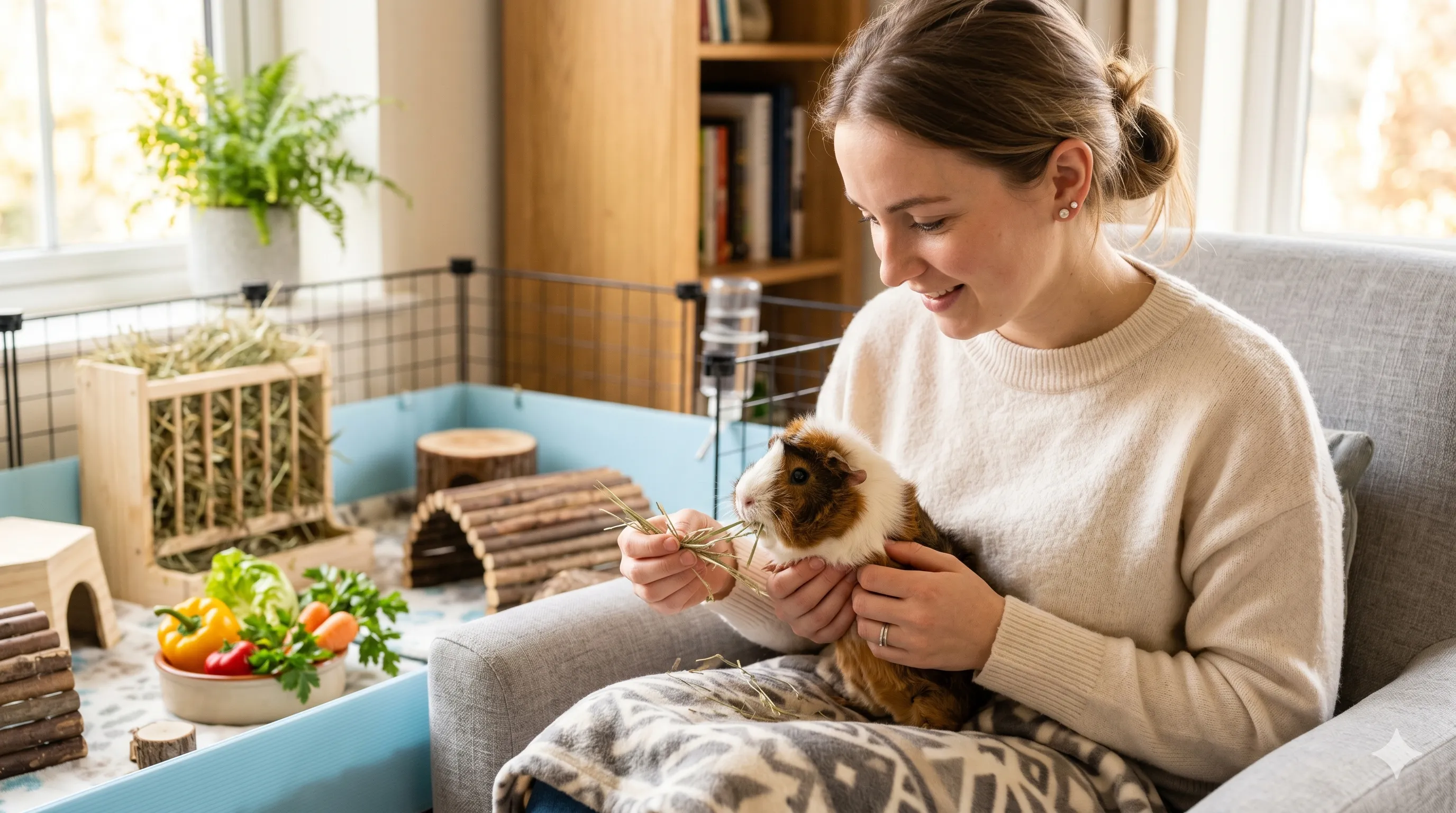 Pet owner checking guinea pig dental health and eating habits indoors