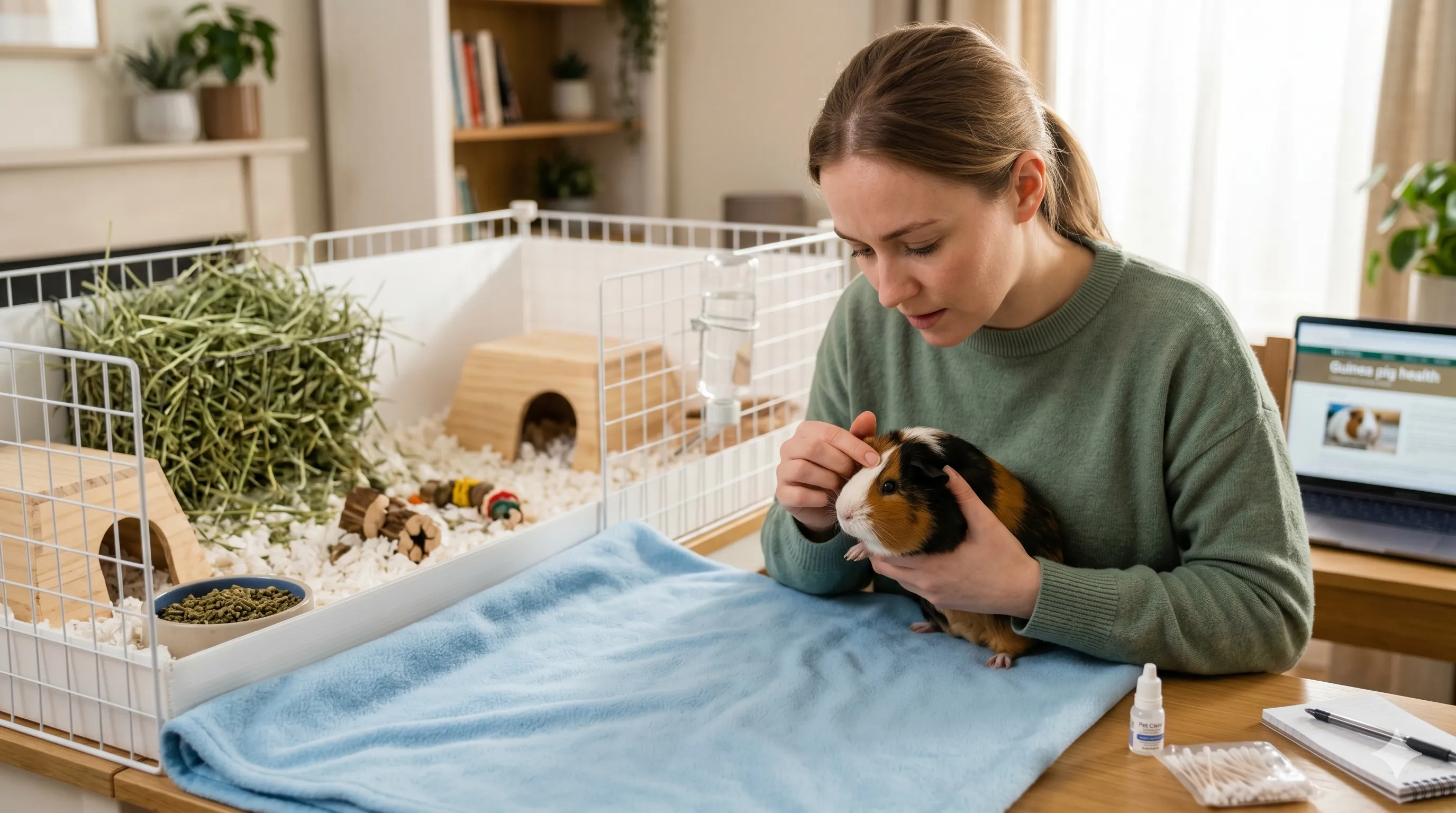 Pet owner gently checking guinea pig eyes for irritation and crusty discharge