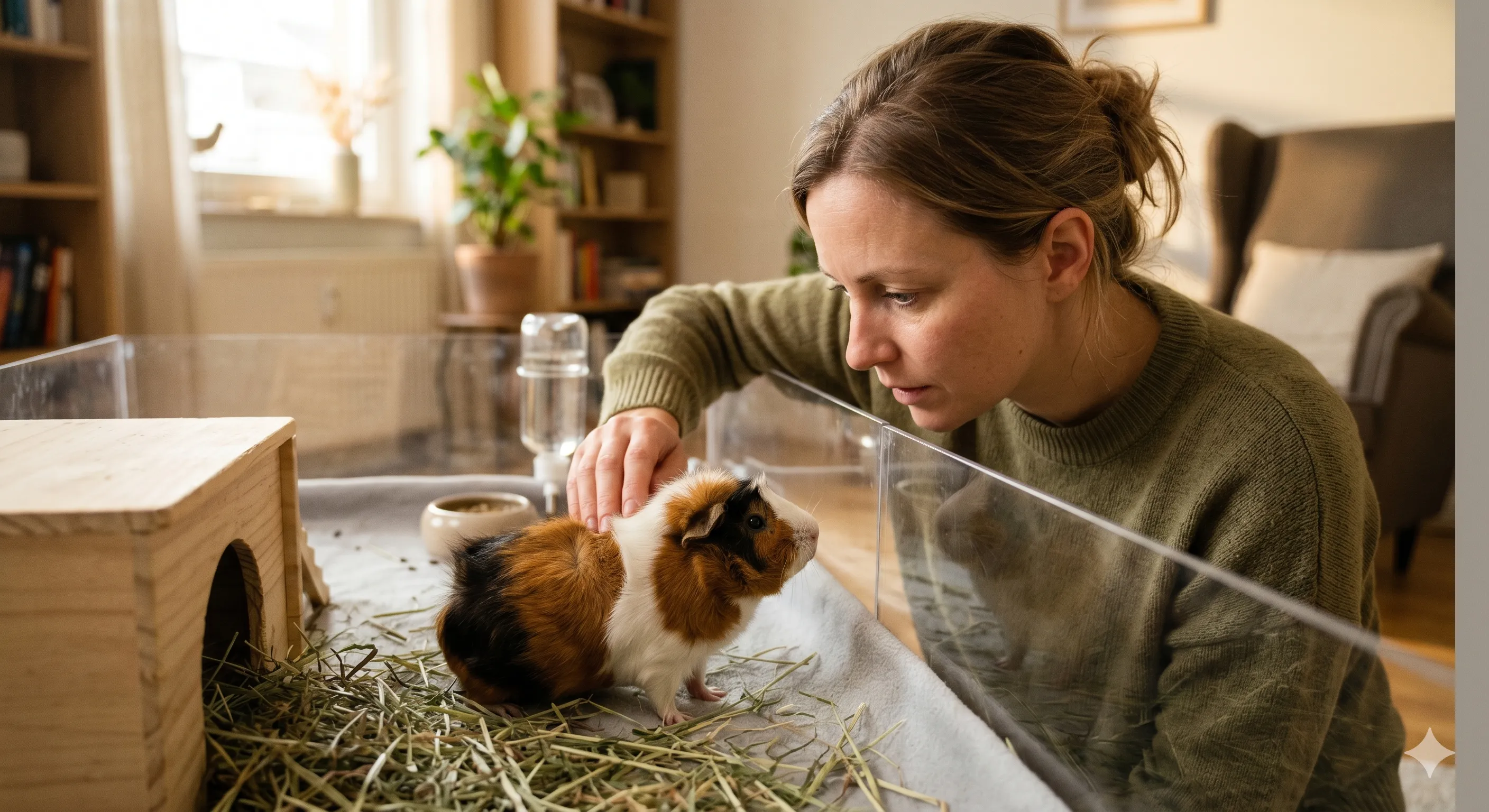 Pet owner checking guinea pig for sneezing and respiratory health concerns indoors