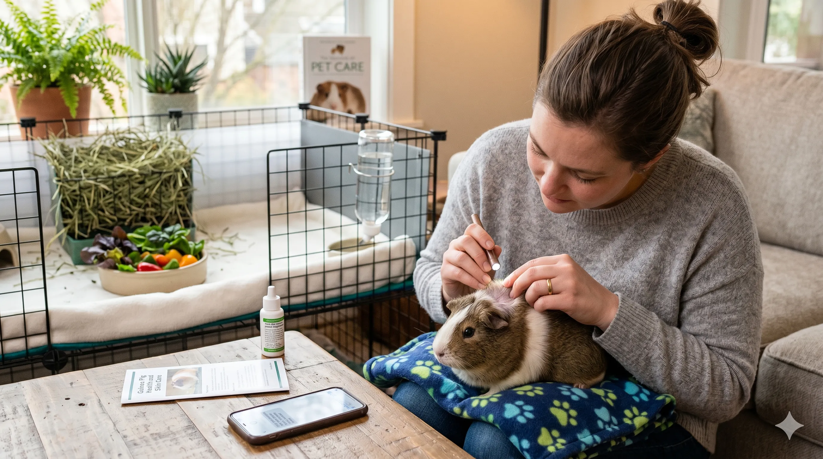 owner-checking-guinea-pig-hair-loss-image-2 Pet owner checking guinea pig for hair loss symptoms and skin health concerns