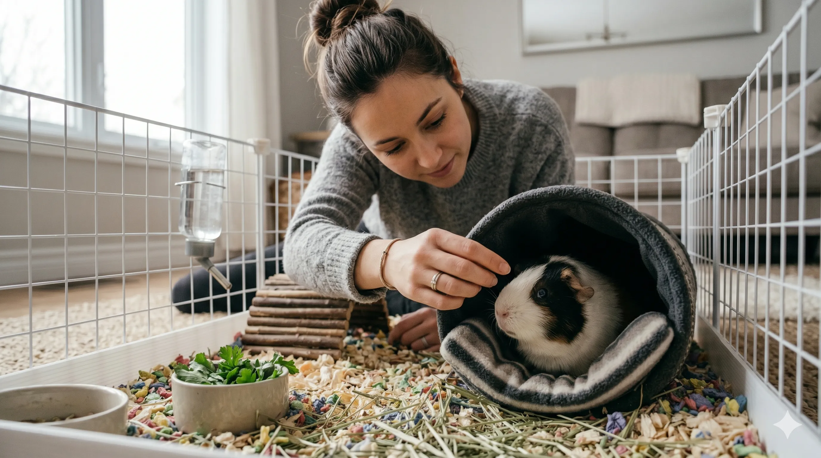 Pet owner gently checking on hiding guinea pig in safe indoor habitat