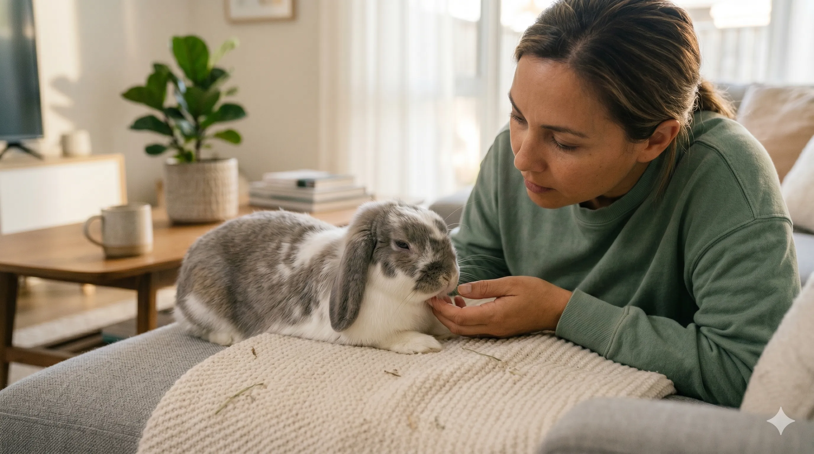 owner-checking-rabbit-pain-signs-image-2 Pet owner gently checking rabbit for tooth grinding or pain warning signs