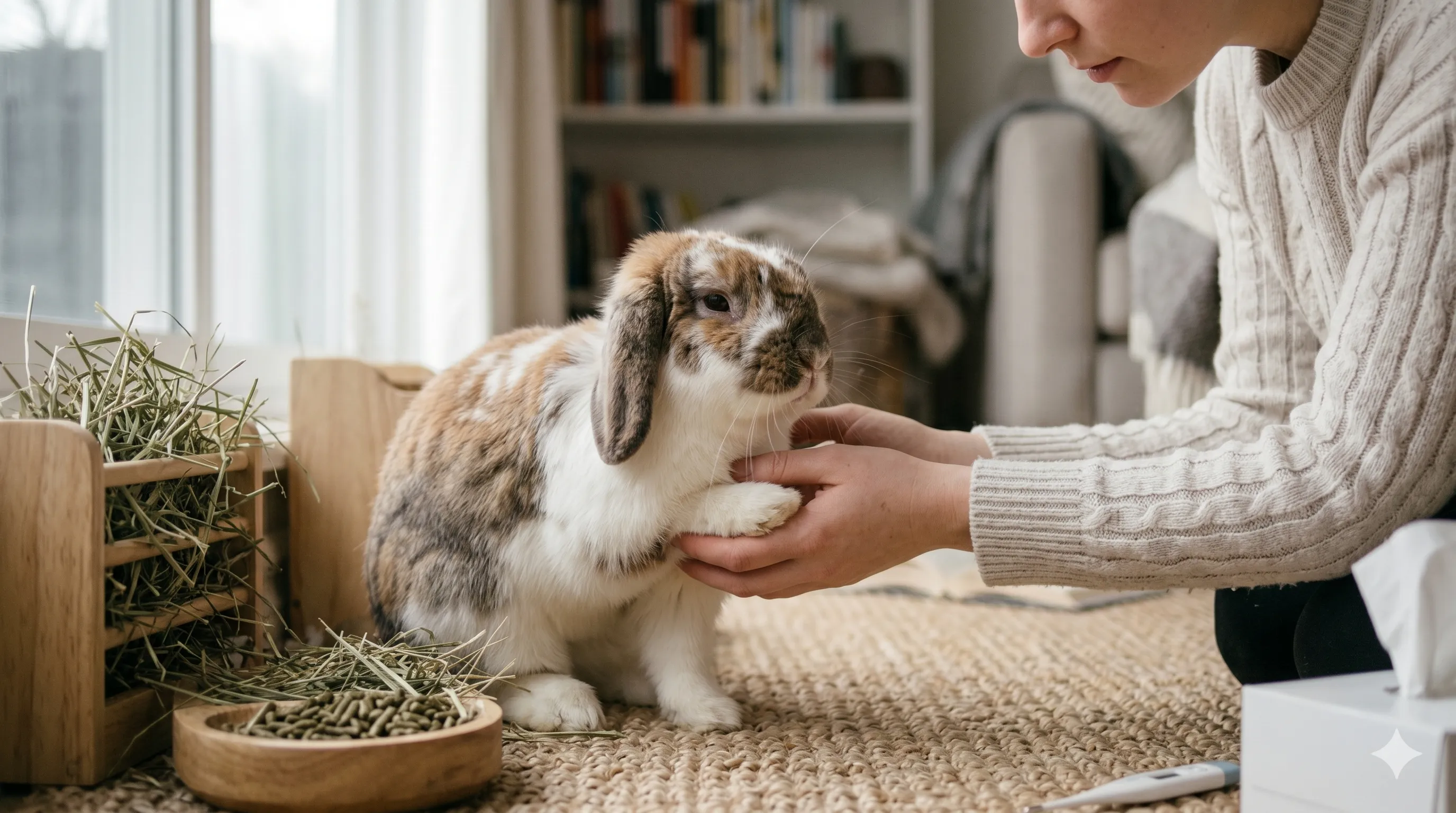 owner-checking-rabbit-sneezing-symptoms-image-2 Pet owner checking rabbit for sneezing symptoms and possible respiratory issues indoors