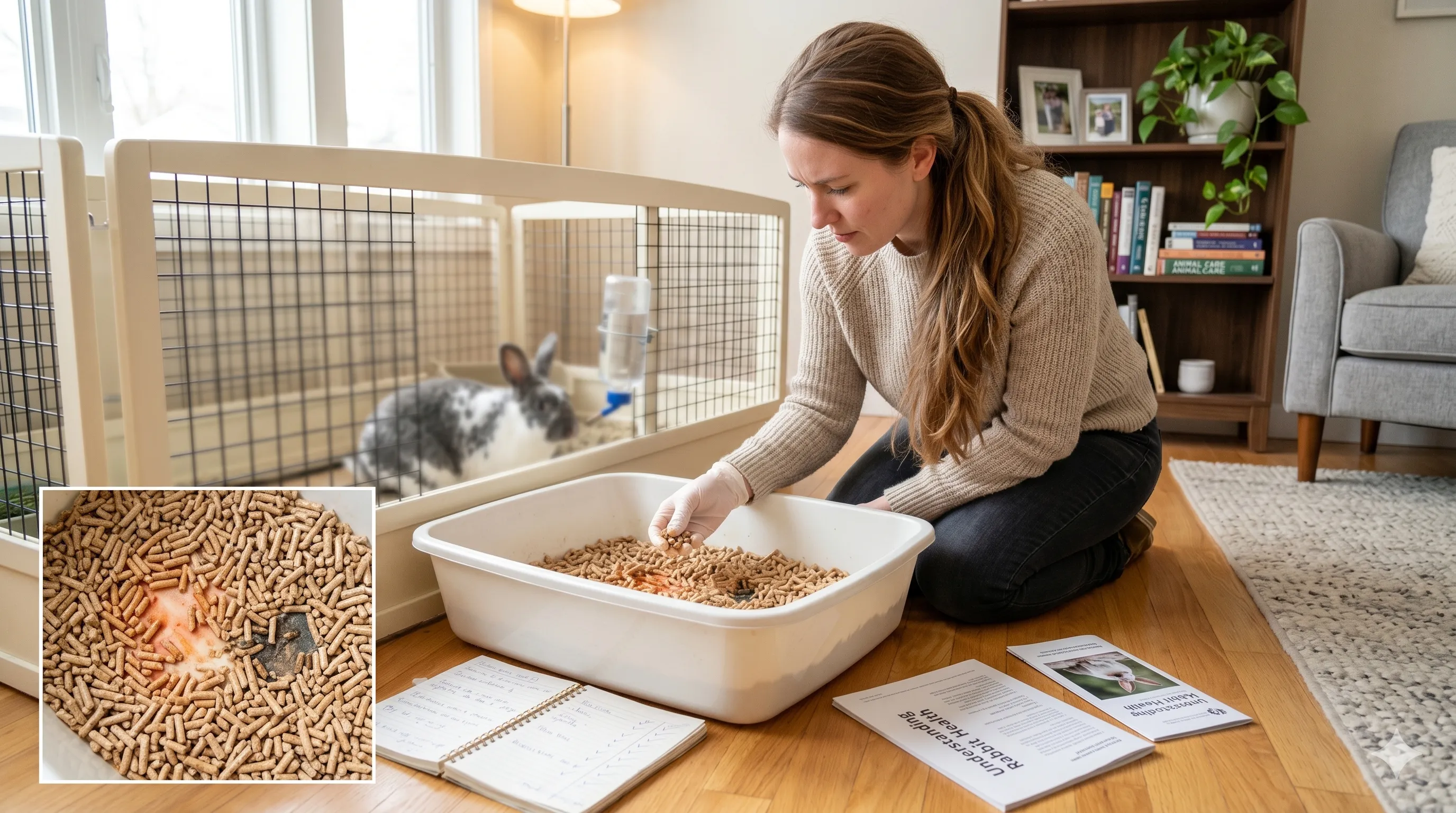 owner-checking-rabbit-urine-health-signs-image-2 Pet owner checking rabbit litter box for unusual urine color and health signs
