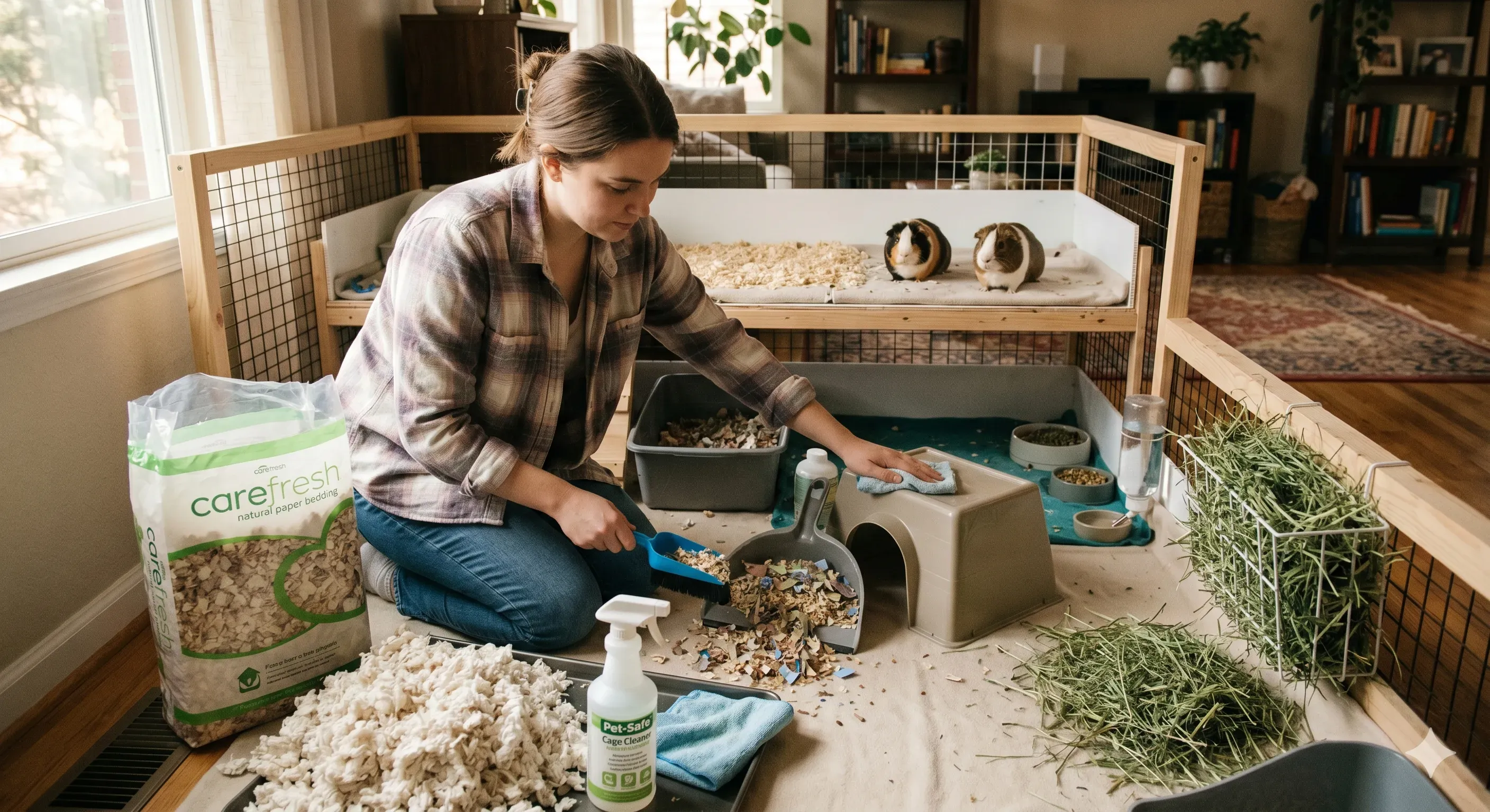 guinea-pig-odor-control-bedding Fresh wood pellet bedding being poured into a clean guinea pig cage