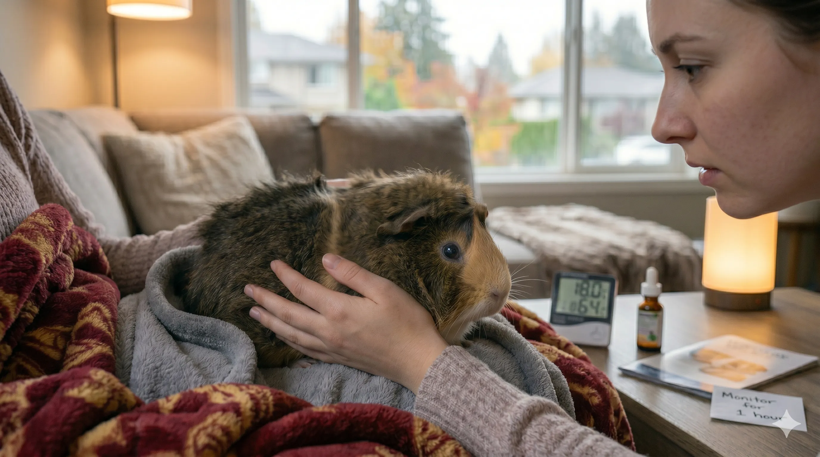 Pet owner comforting guinea pig showing shaking behavior indoors