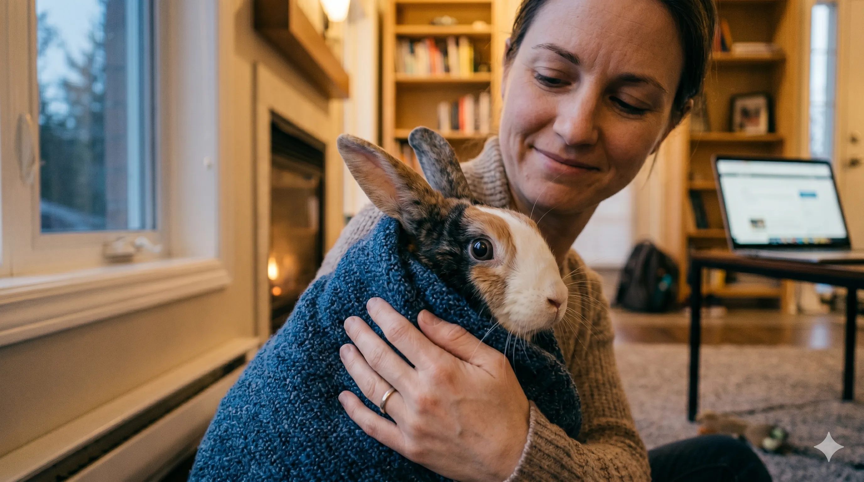 Pet owner comforting nervous rabbit showing shaking or stress-related behavior indoors