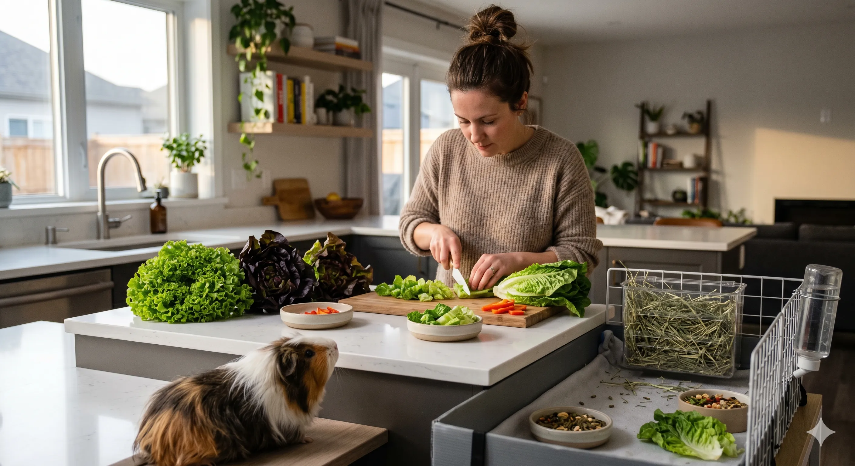 Pet owner comparing different lettuce types for safe guinea pig feeding indoors