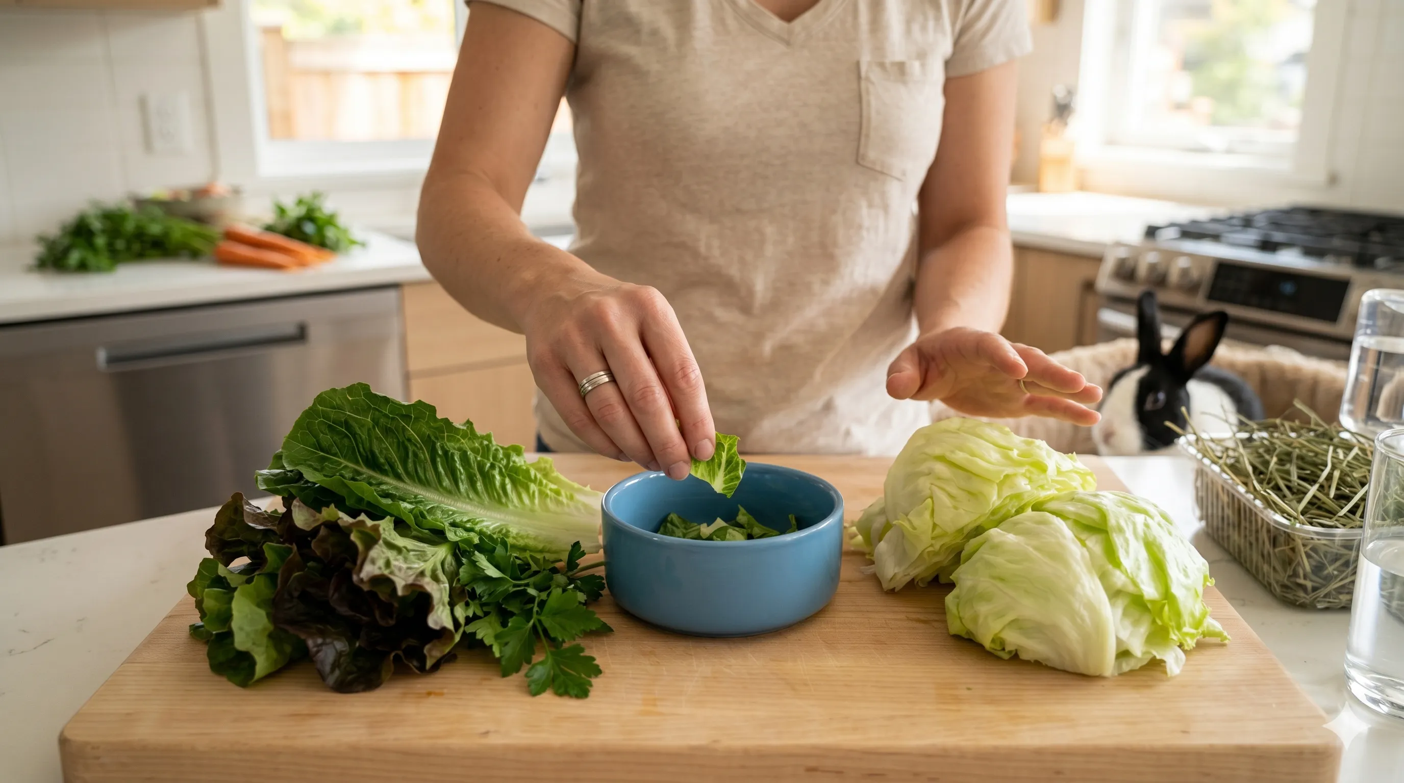 owner-comparing-safe-and-unsafe-lettuce-image-2 Pet owner comparing safe leafy lettuce and unsafe iceberg lettuce for rabbit feeding