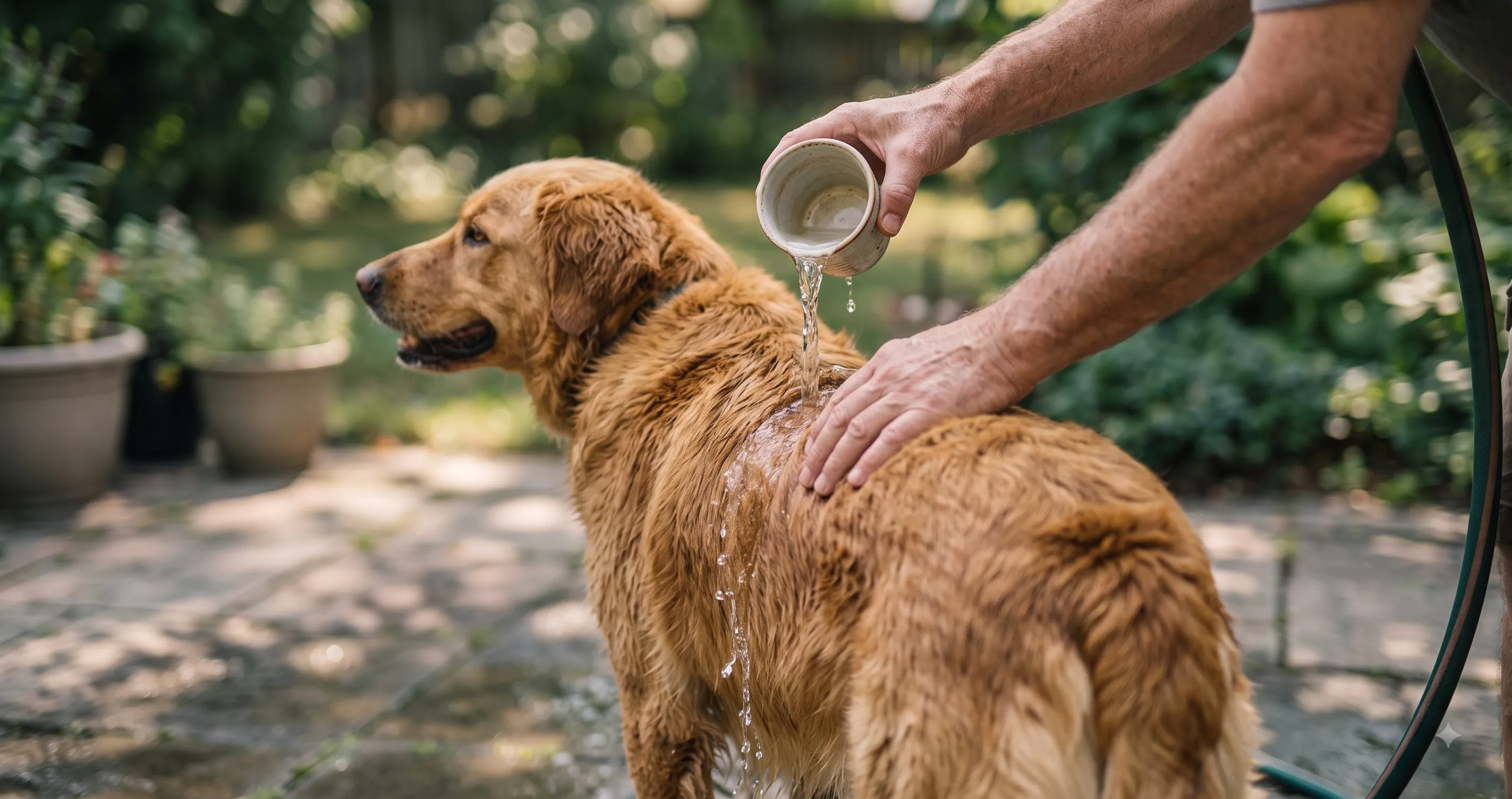 owner-cooling-dog-with-water-image-2 Owner applying cool water to an overheated dog as emergency first aid