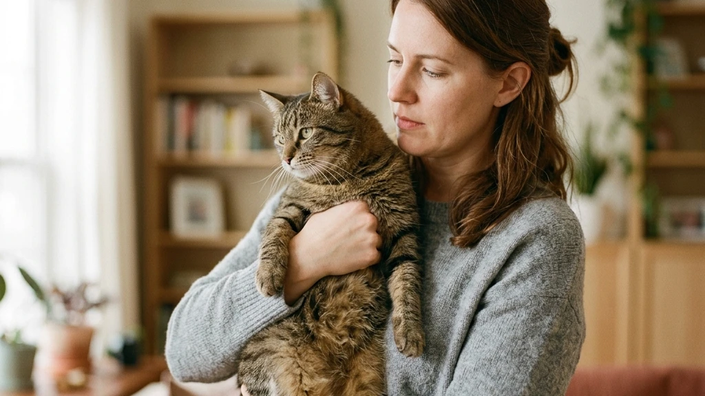 Owner performing the feline Heimlich maneuver by holding a cat against their chest