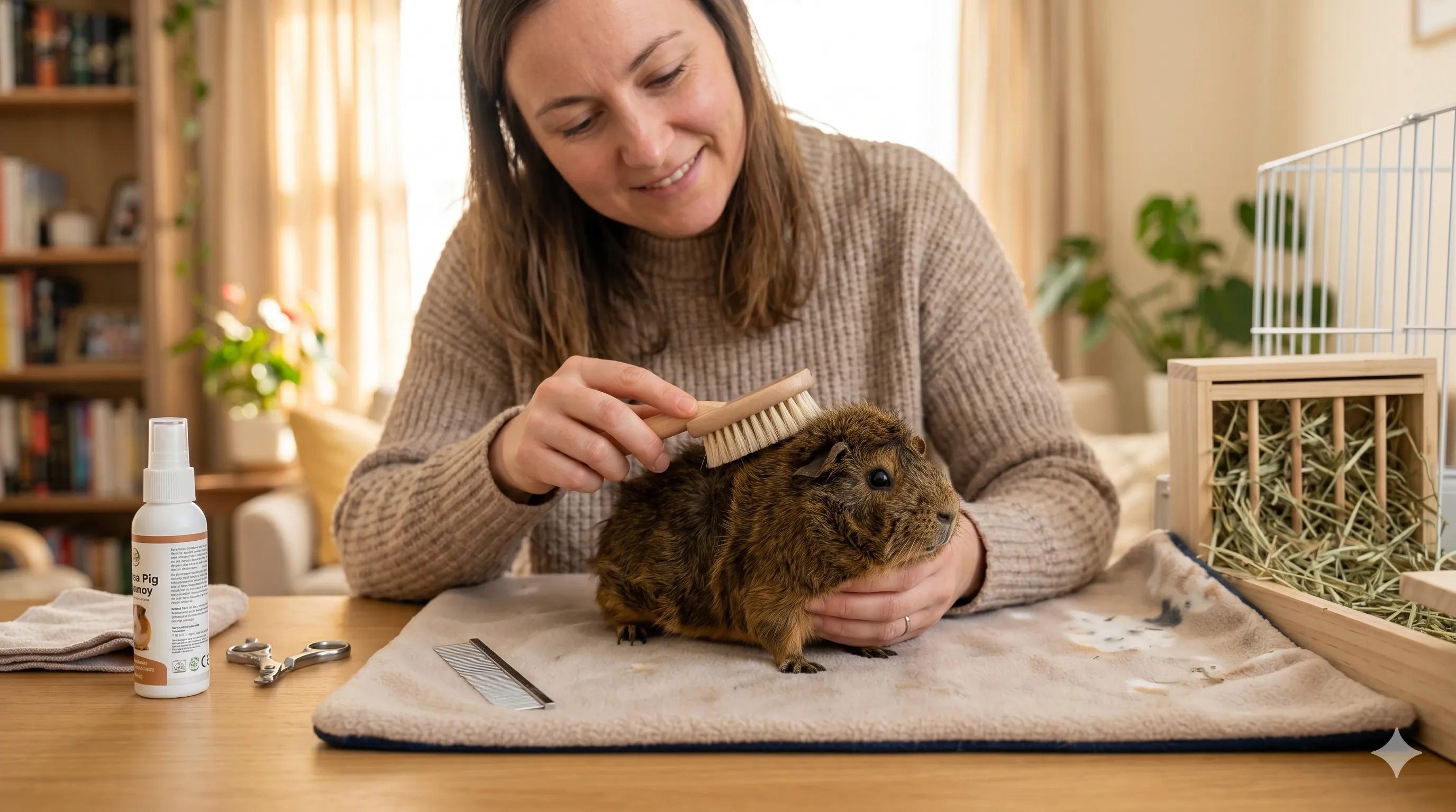 An owner gently brushing an Abyssinian guinea pig's rosette with a small comb