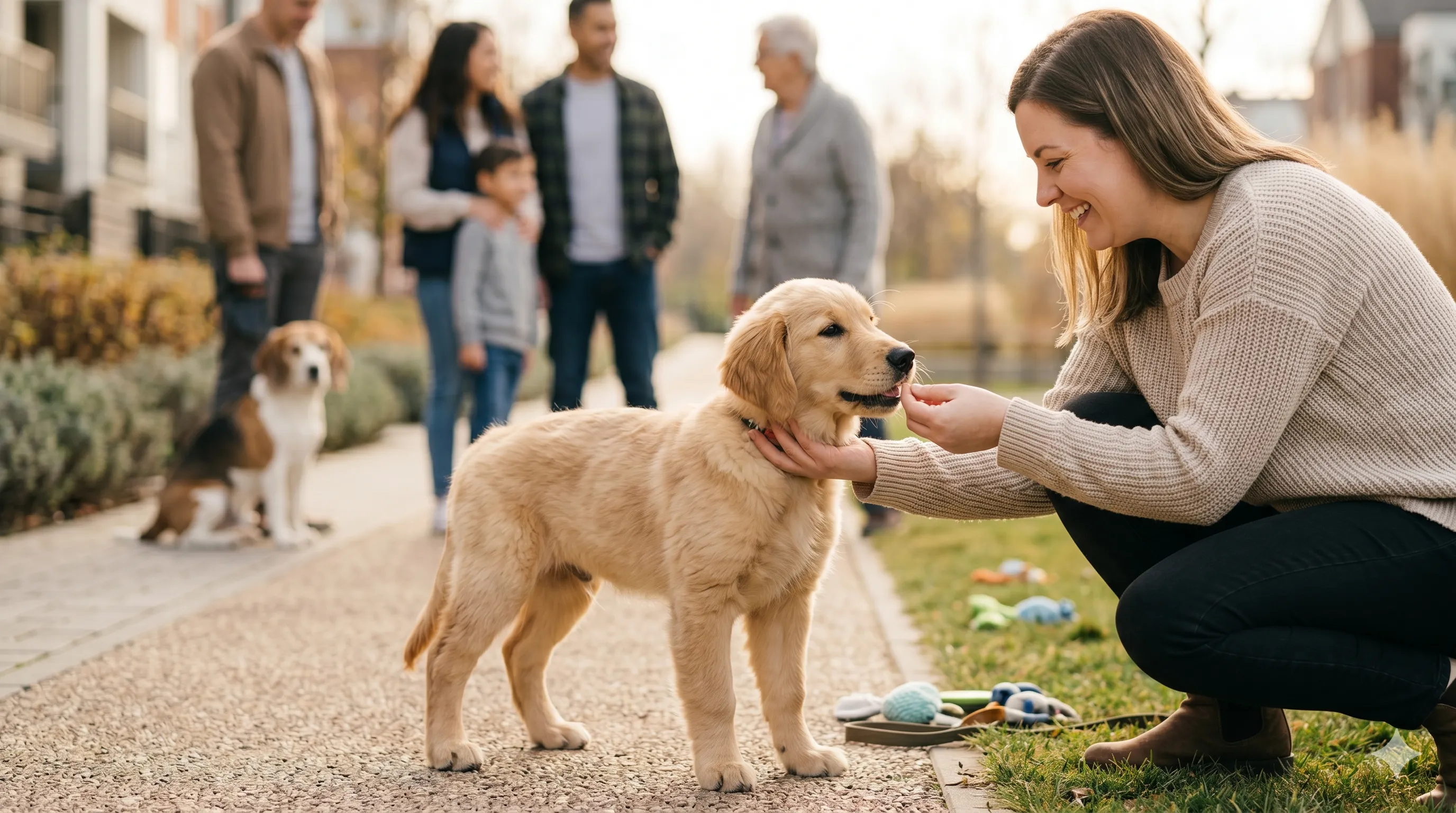 Pet owner guiding puppy during socialization with positive reinforcement