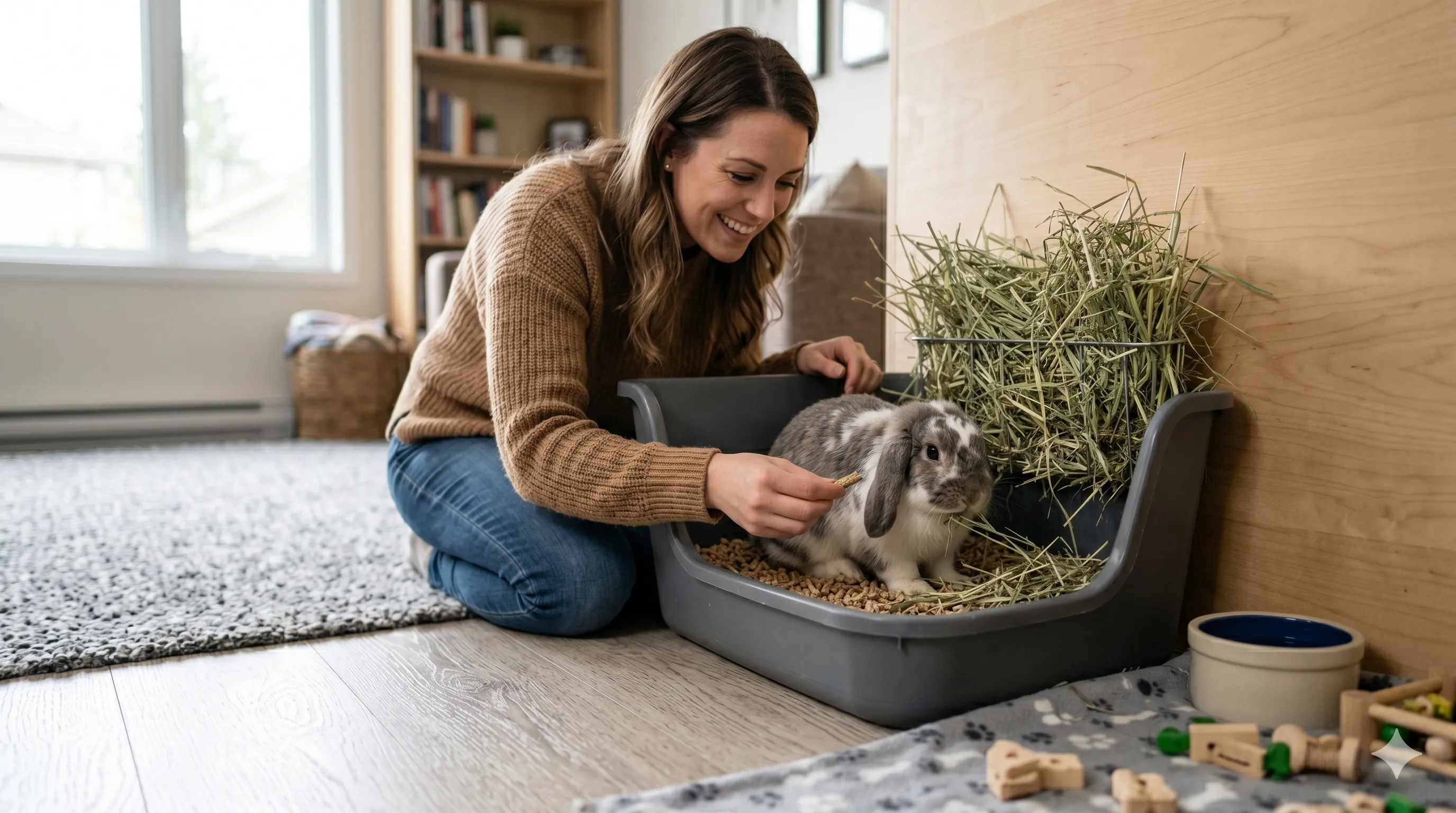 owner-guiding-rabbit-litter-training-image-2 Pet owner guiding rabbit during litter training process in safe indoor environment