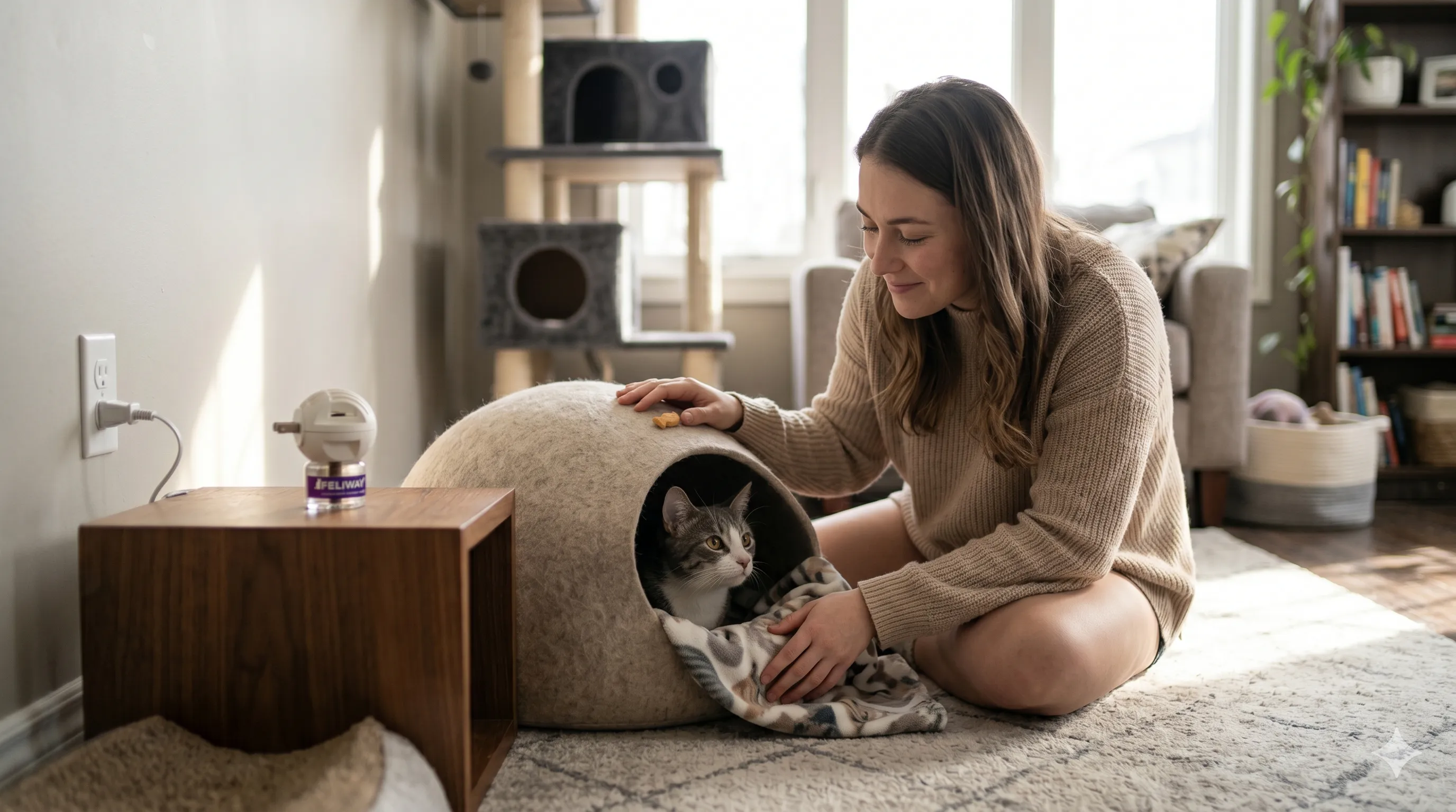 Pet owner creating safe environment and comforting a hiding cat