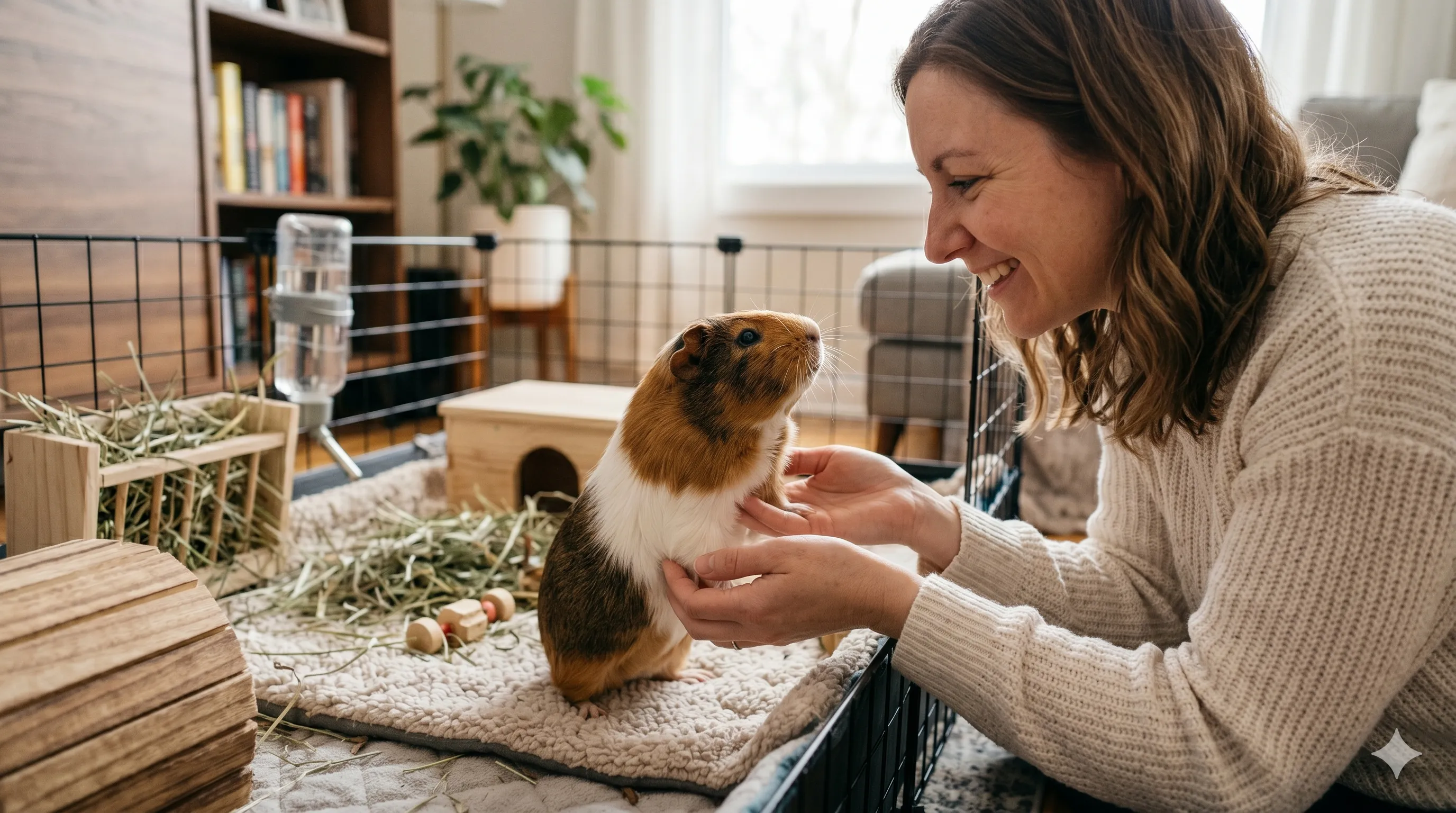 Pet owner interacting with guinea pig showing attentive staring and bonding behavior indoors