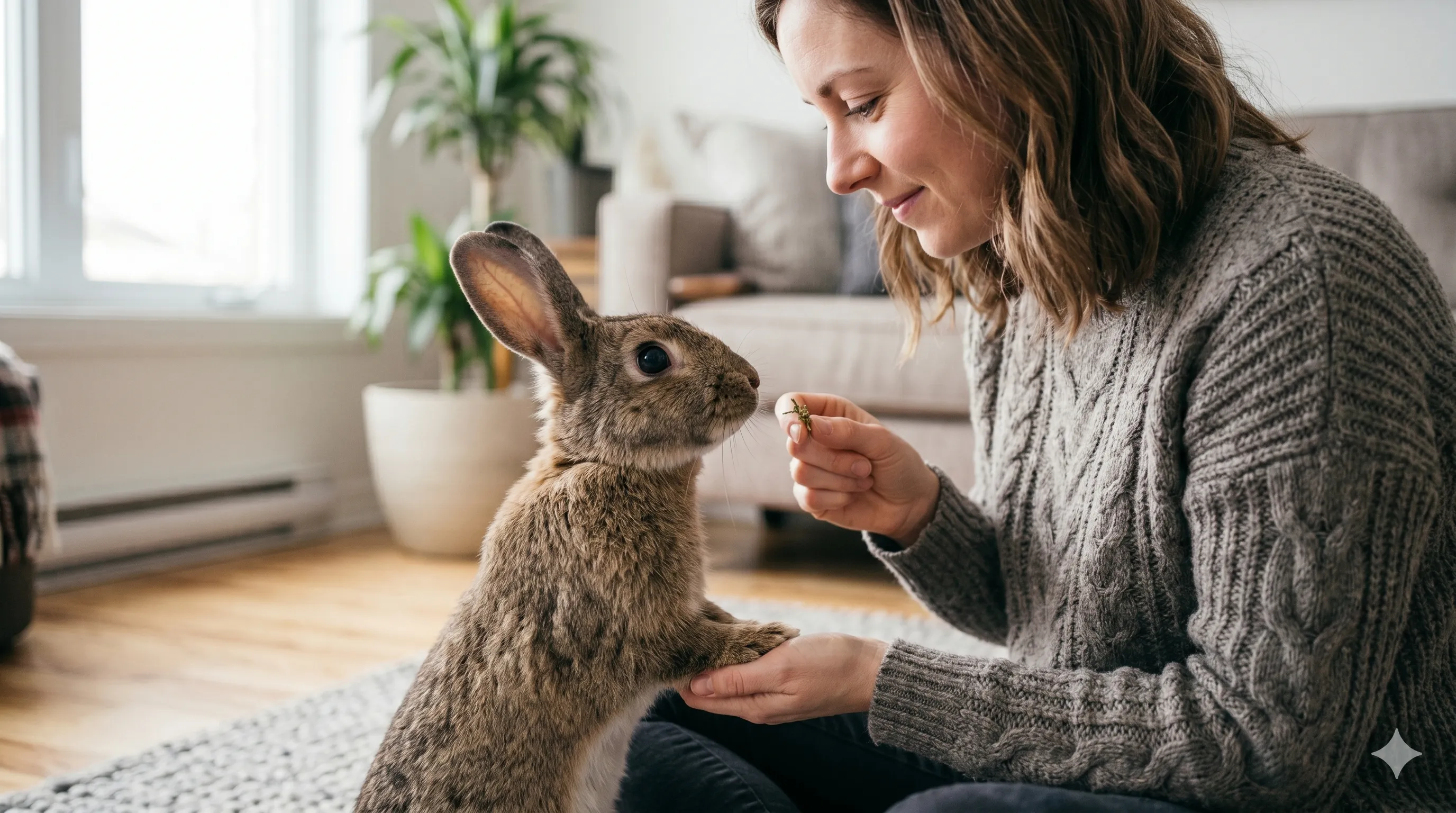 owner-interacting-with-attentive-rabbit-image-2 Pet owner interacting with rabbit showing eye contact and attention-seeking behavior