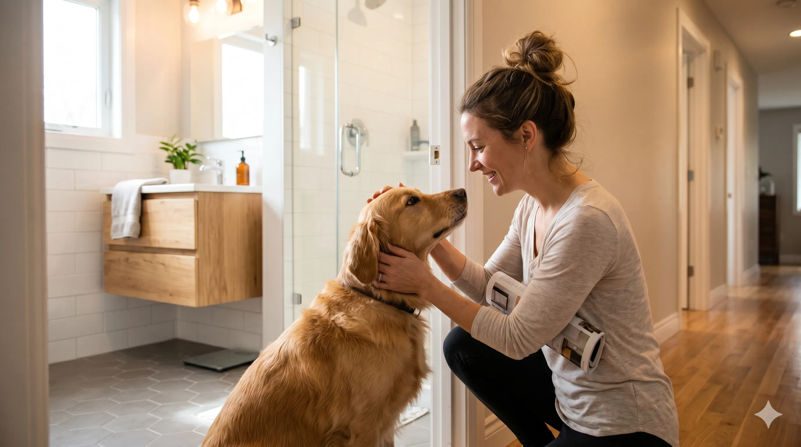 Pet owner interacting with dog showing clingy following behavior indoors