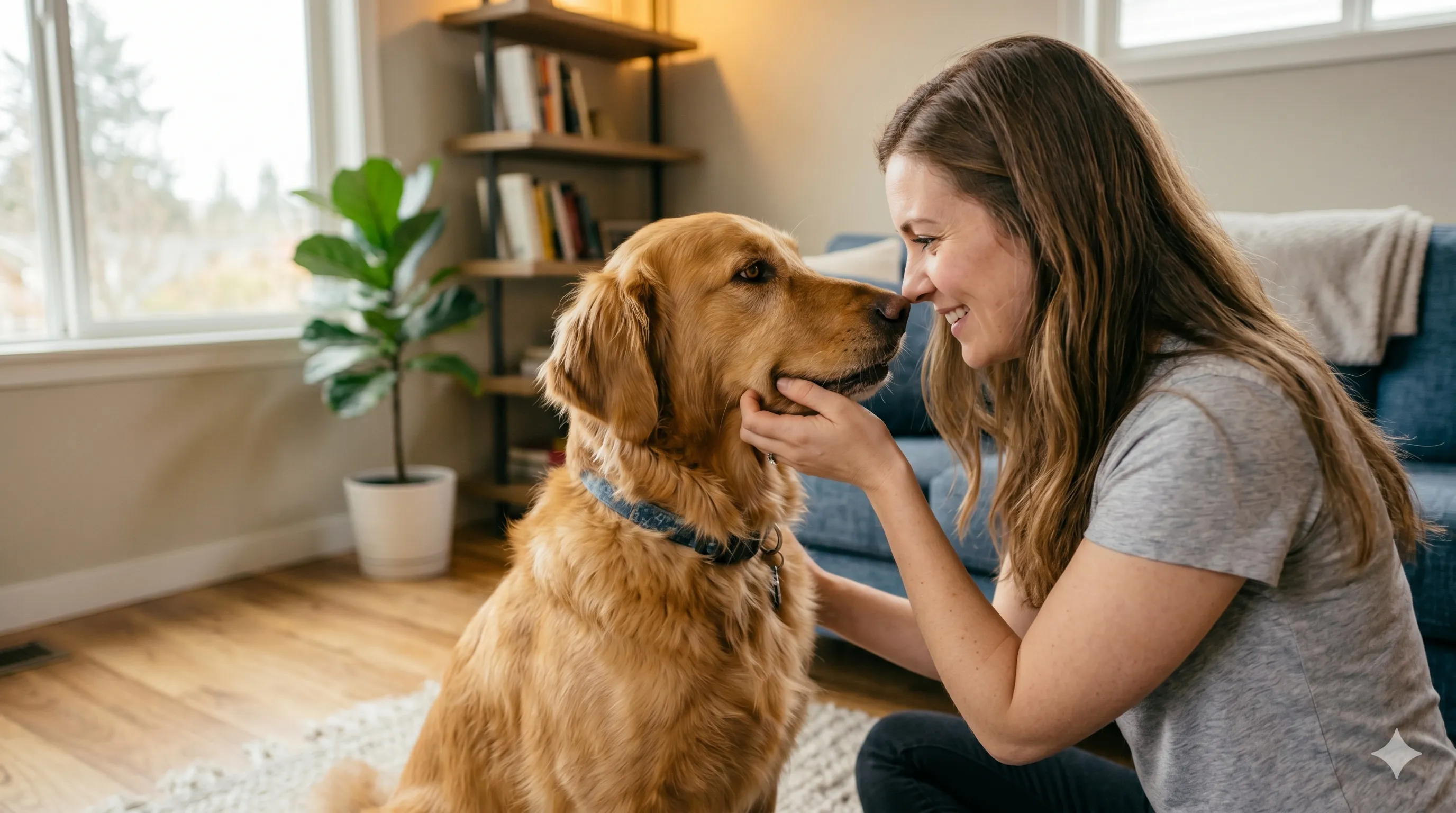 Pet owner responding to dog staring with interaction and attention