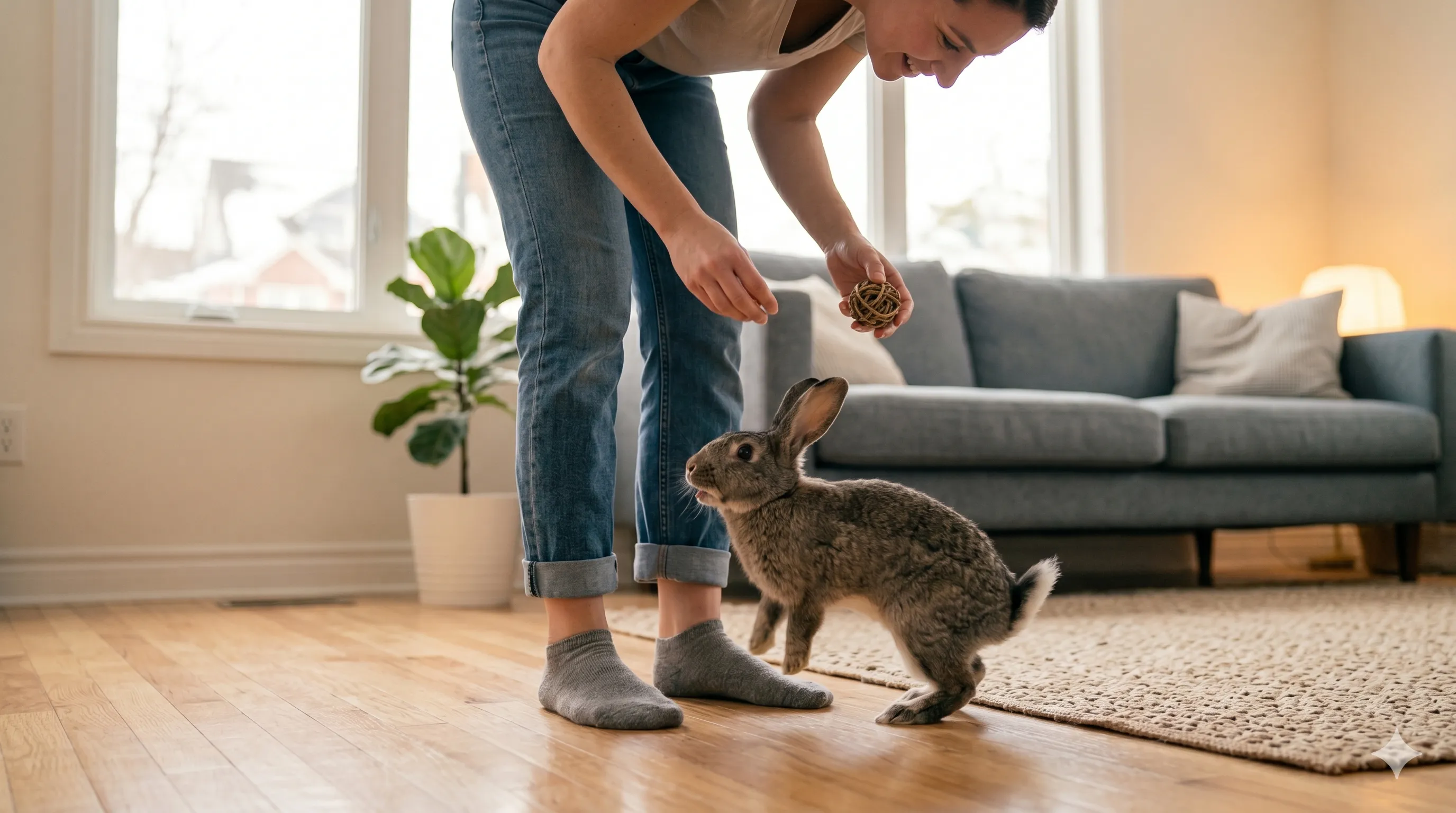 owner-interacting-with-excited-circling-rabbit-image-2 Pet owner interacting with rabbit showing circling and attention-seeking behavior
