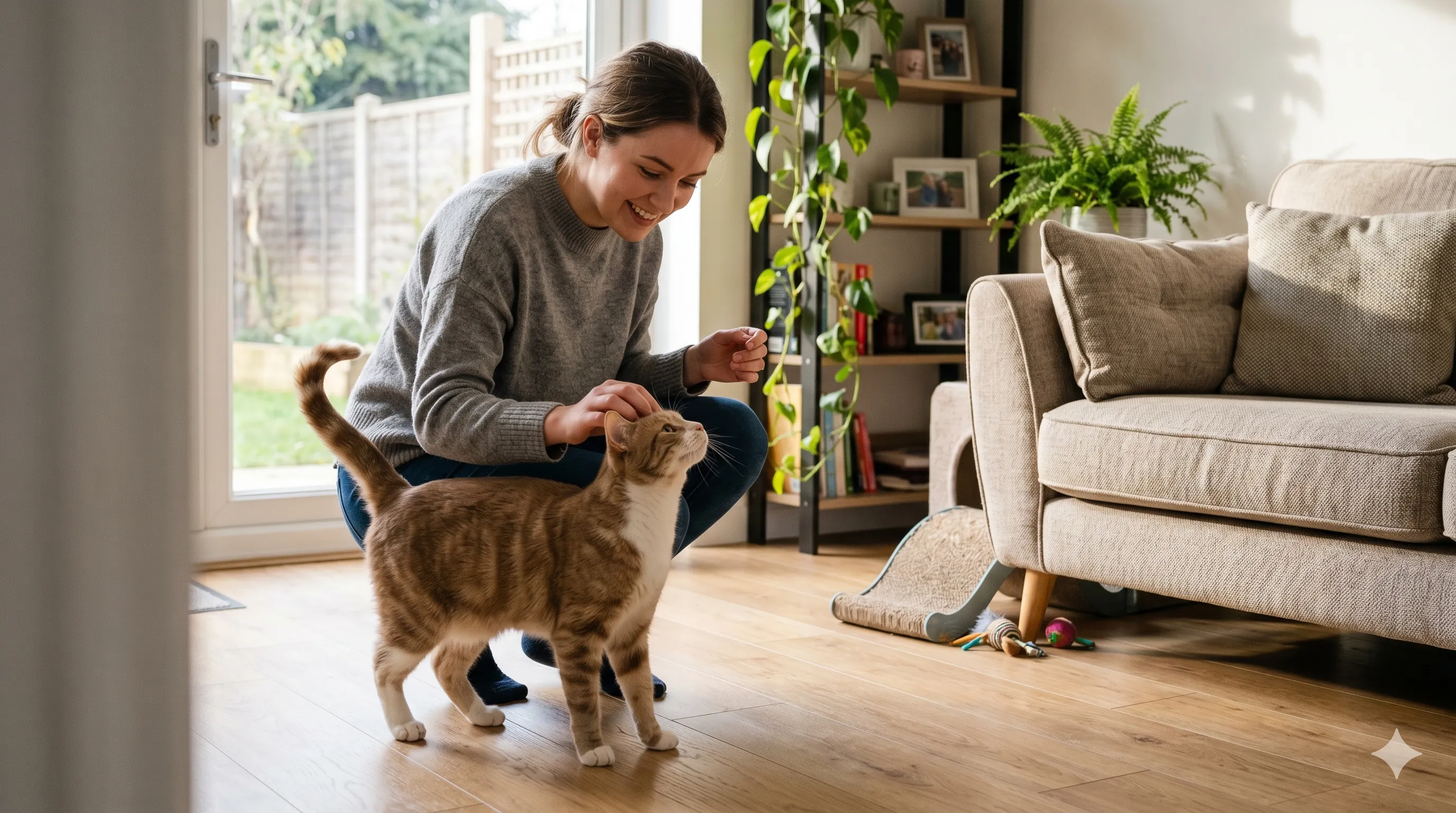 Pet owner interacting with cat that follows them for attention and bonding